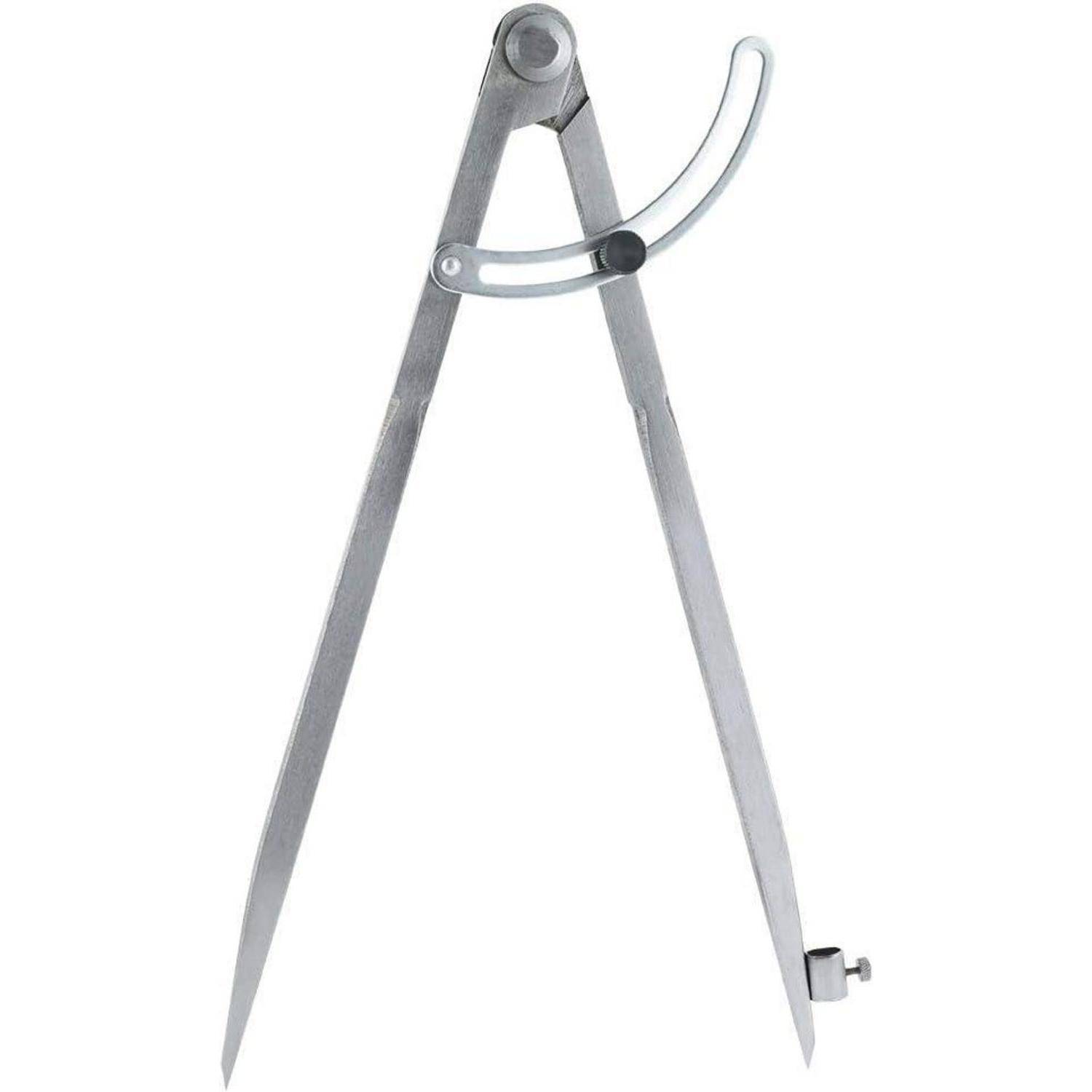 Ein Metallzirkel mit spitzen Schenkeln, verwendet zum Zeichnen von Kreisen oder zum Messen von Entfernungen auf Karten, vor einem einfarbigen weißen Hintergrund dargestellt.