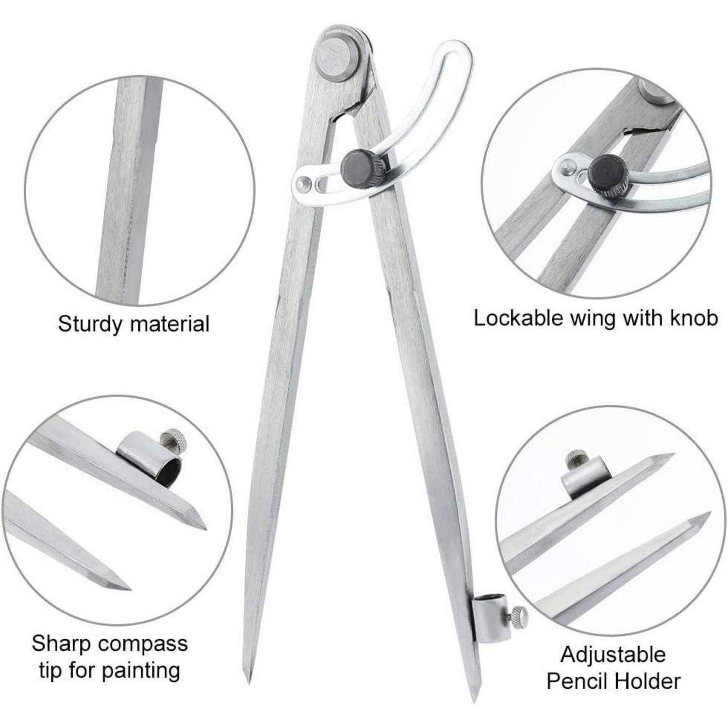 Ein Bild eines Metallkompasses zeigt folgende Merkmale: robustes Material, verriegelbare Flügel mit Knopf, scharfe Kompassspitze zum Zeichnen, verstellbarer Bleistifthalter.