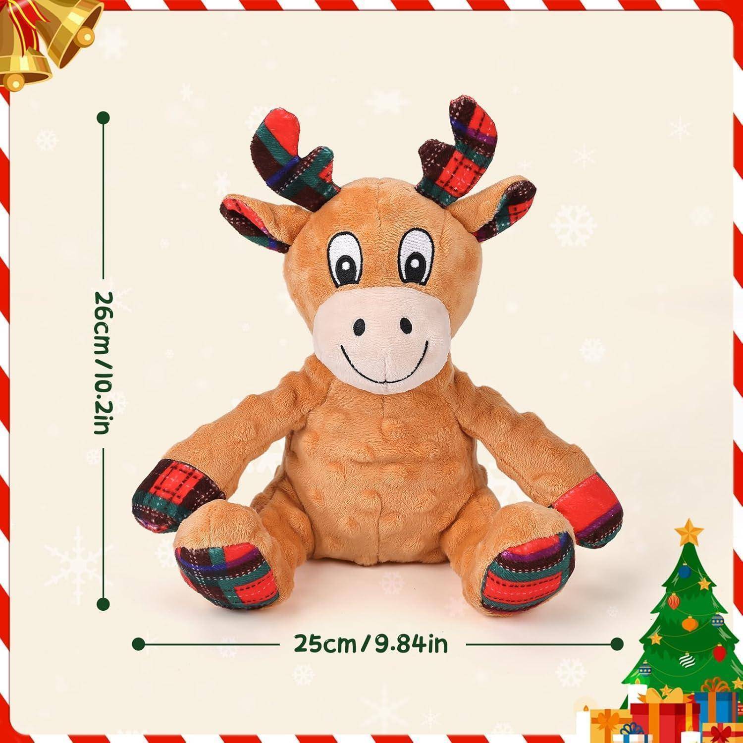 Gefülltes Rentier-Stofftier mit Schottenkaro-Geweih und -Hufen, sitzend und lächelnd. Höhe: 26cm (10,2 Zoll); Breite: 25cm (9,84 Zoll). Weihnachtsmotiv.