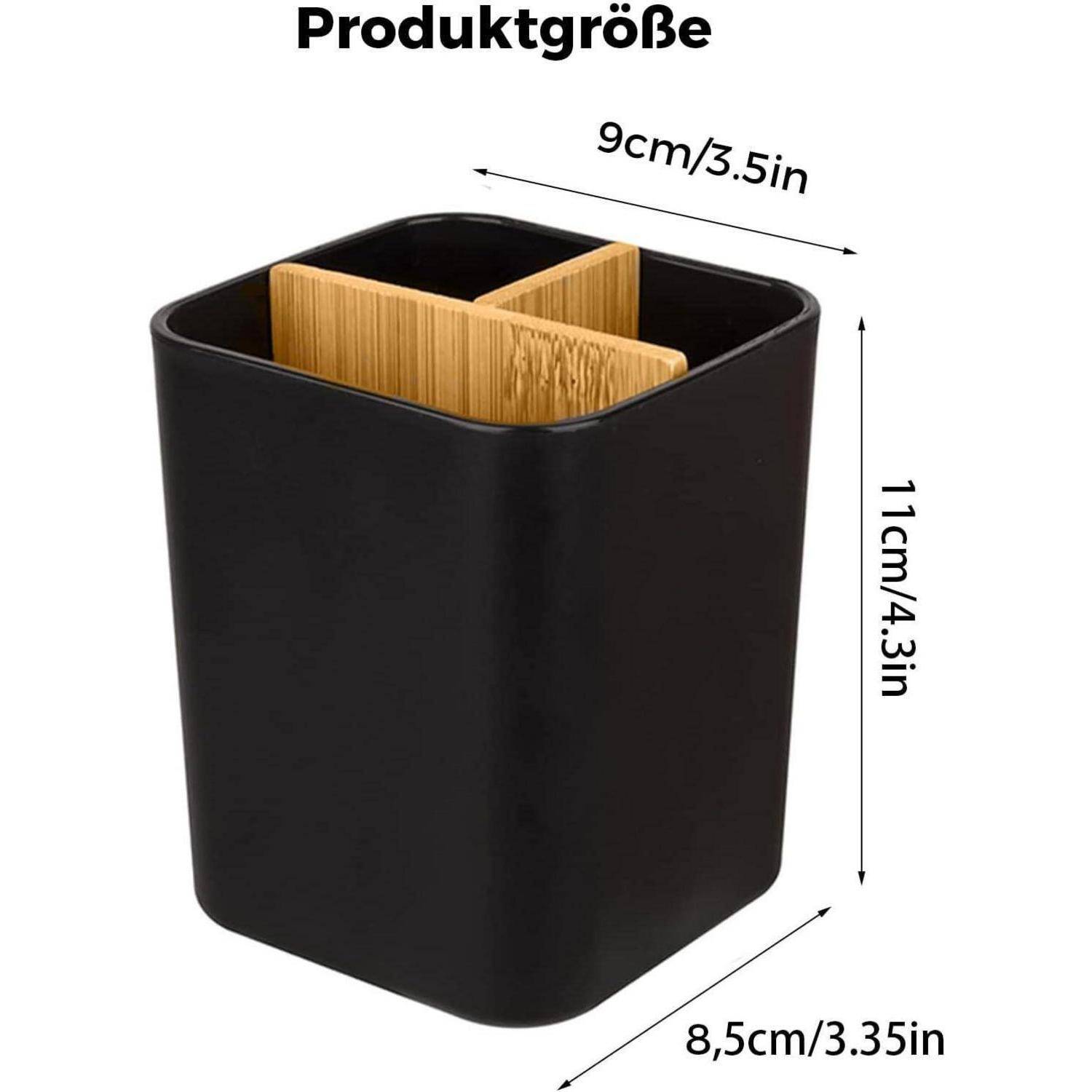 Schwarzer rechteckiger Organizer mit Bambus-Trennwänden. Abmessungen angegeben: 9 cm/3,5 Zoll breit, 11 cm/4,3 Zoll hoch, 8,5 cm/3,35 Zoll tief.