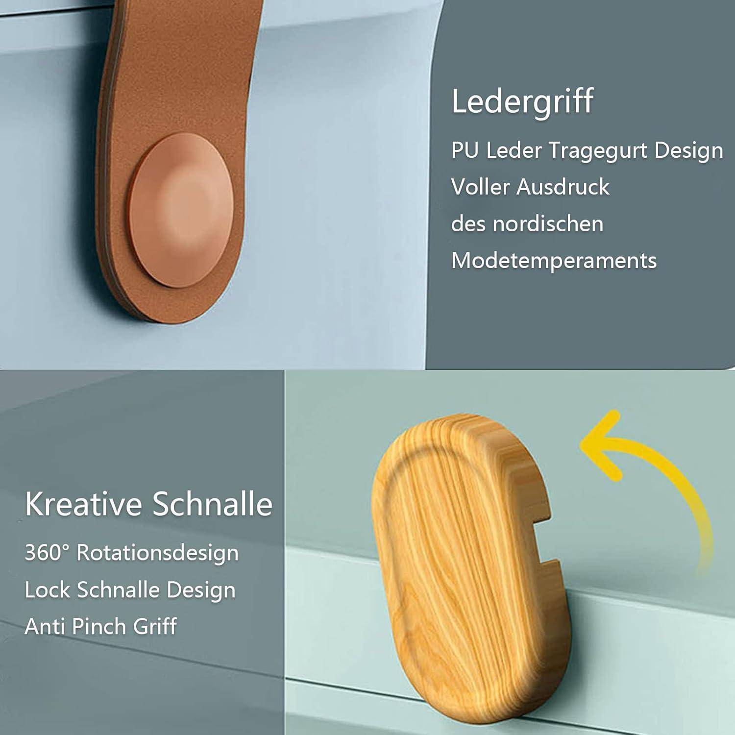 Das Bild zeigt ein Produktdesign mit einem Ledergriff, beschrieben als ‚PU Leder Tragegriff Design'. Es verfügt über eine 360-Grad-Drehung und ein Schnallenverschlussdesign, wobei Benutzerfreundlichkeit und Stil betont werden.