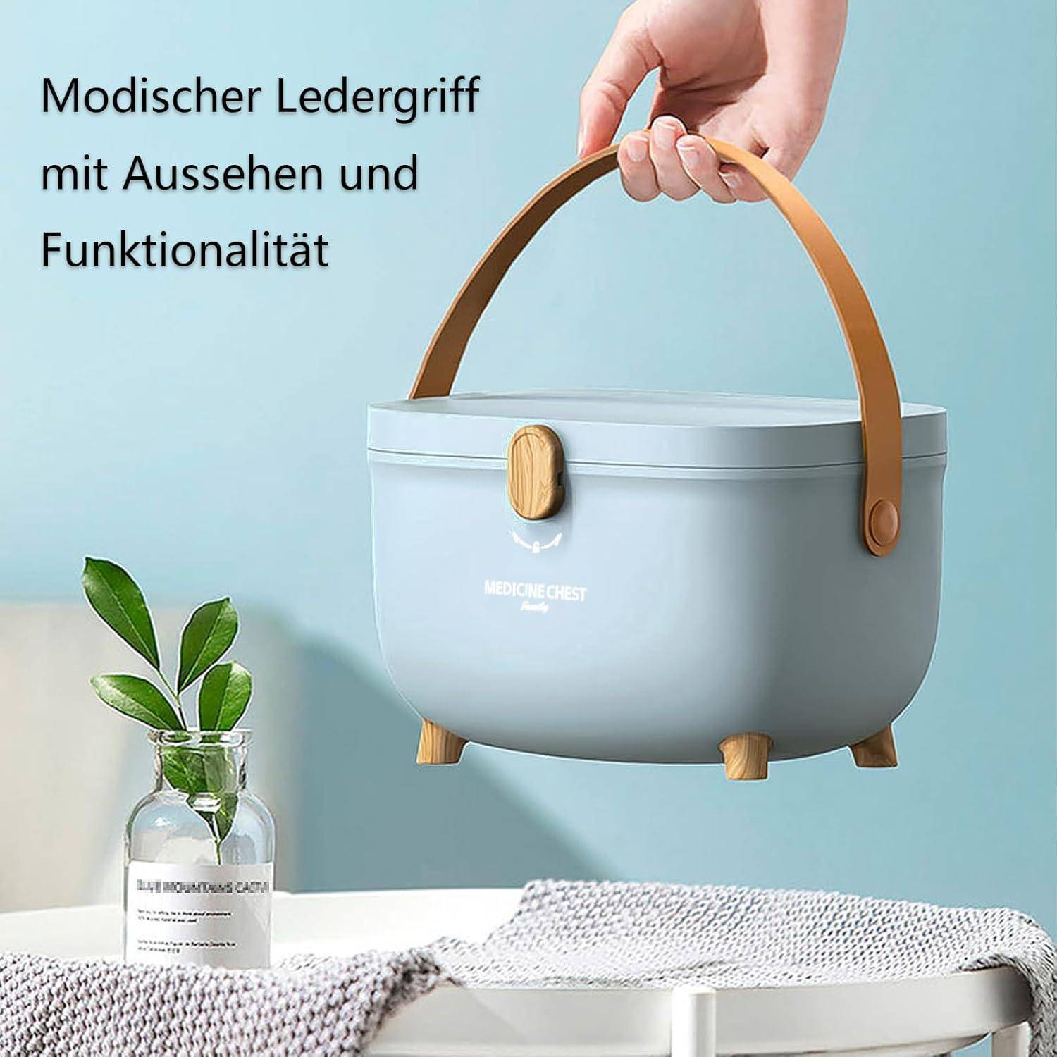 Eleganter hellblauer Behälter mit braunem Ledergriff, designed für Stil und Funktionalität. Text auf Deutsch: 'Modischer Ledergriff mit Aussehen und Funktionalität.