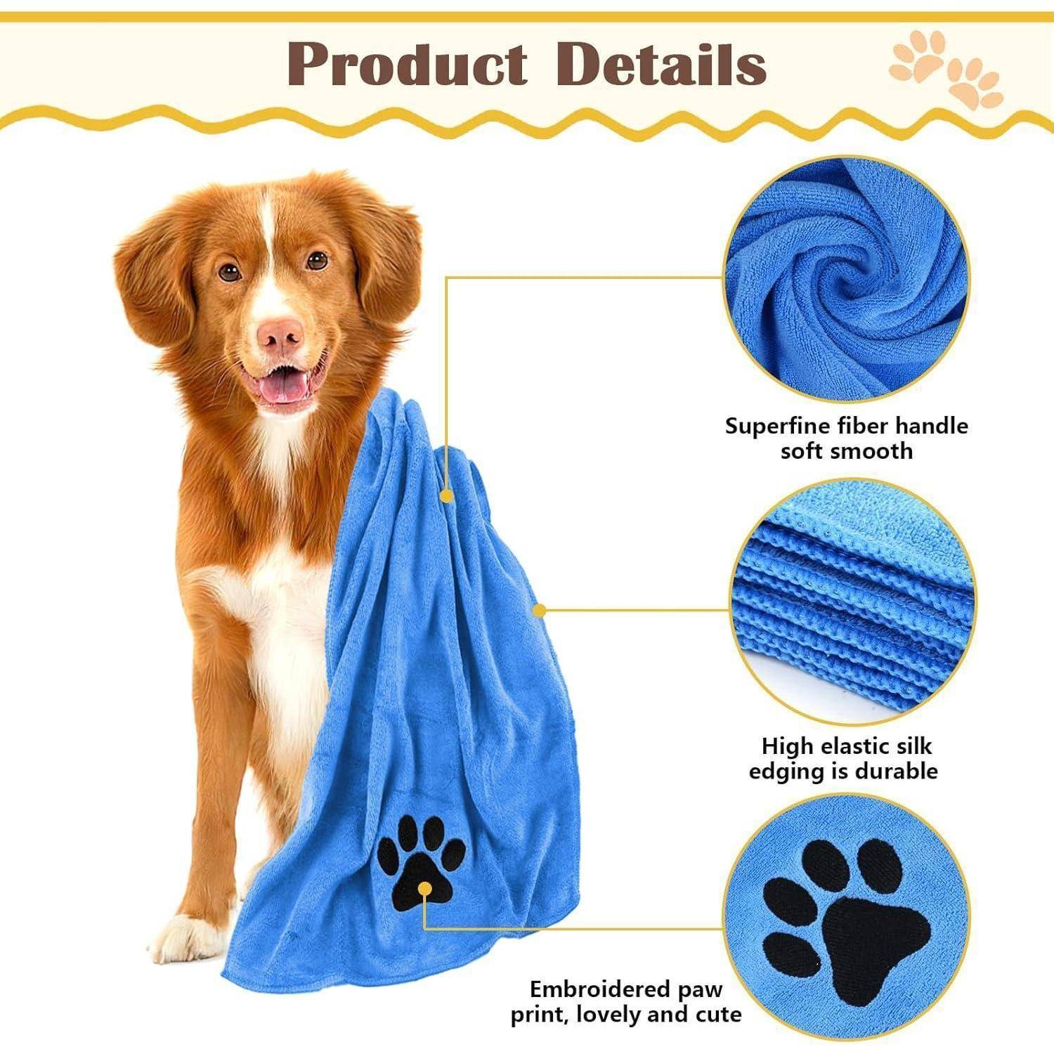 Produktdetails': Ein Hund hält ein blaues Handtuch. Einblendungen zeigen Details: 'Extrafeine Fasern für sanften, weichen Griff,' 'Hochelastische Seidenborte ist langlebig,' und 'Bestickter Pfotenabdruck, lieblich und süß.