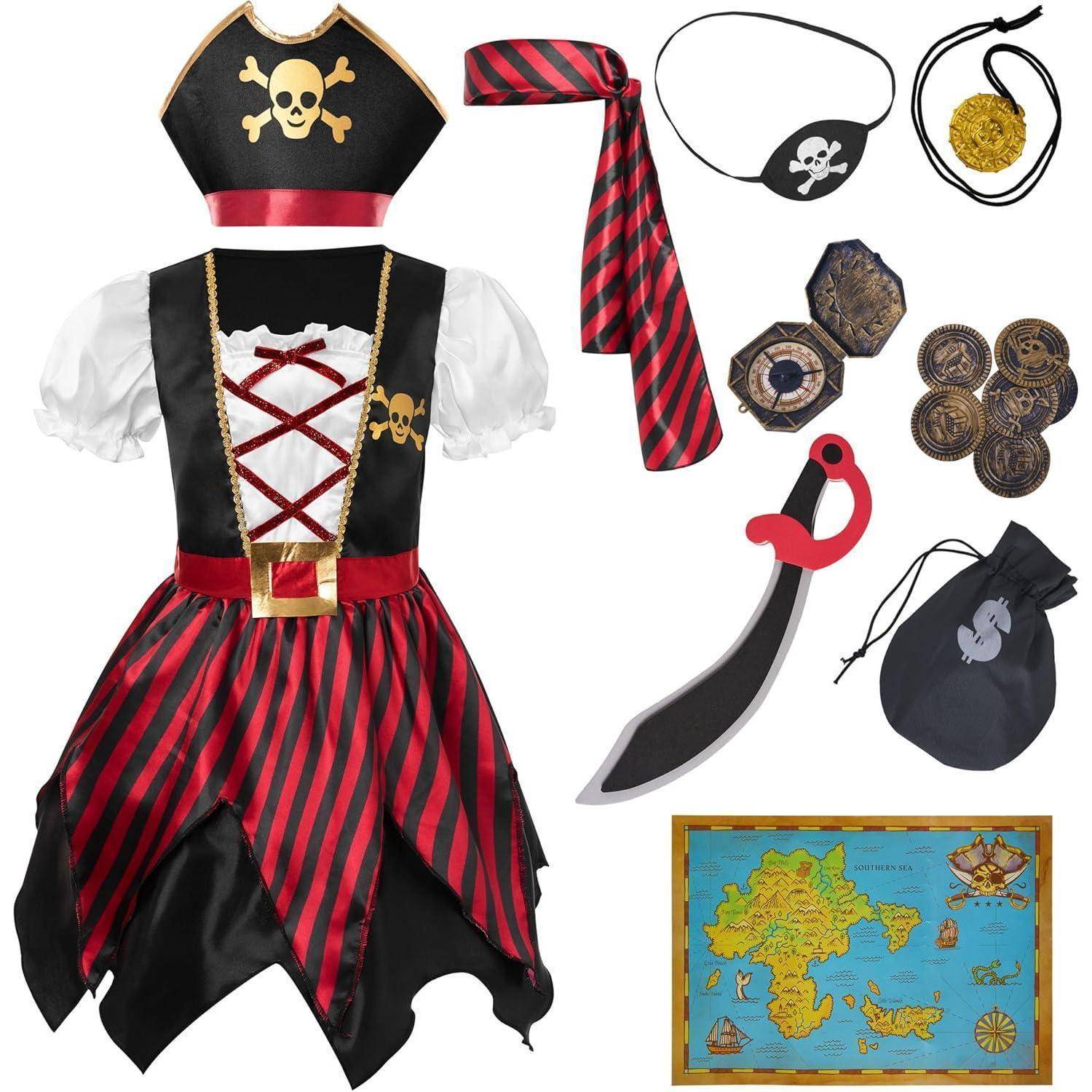 Ein Piratenkostüm-Set für Kinder, bestehend aus einem Kleid mit Totenkopf-Emblem, gestreiftem Stirnband, Augenklappe, Spielzeug-Schwert, Karte, Münzen und Medaillon.