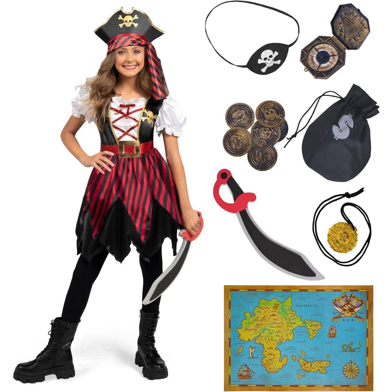 Ein Mädchen in einem Piratenkostüm hält ein Spielschwert. Accessoires umfassen eine Augenklappe, Münzen, Kompass, Beutel, Medaillon und eine Schatzkarte.