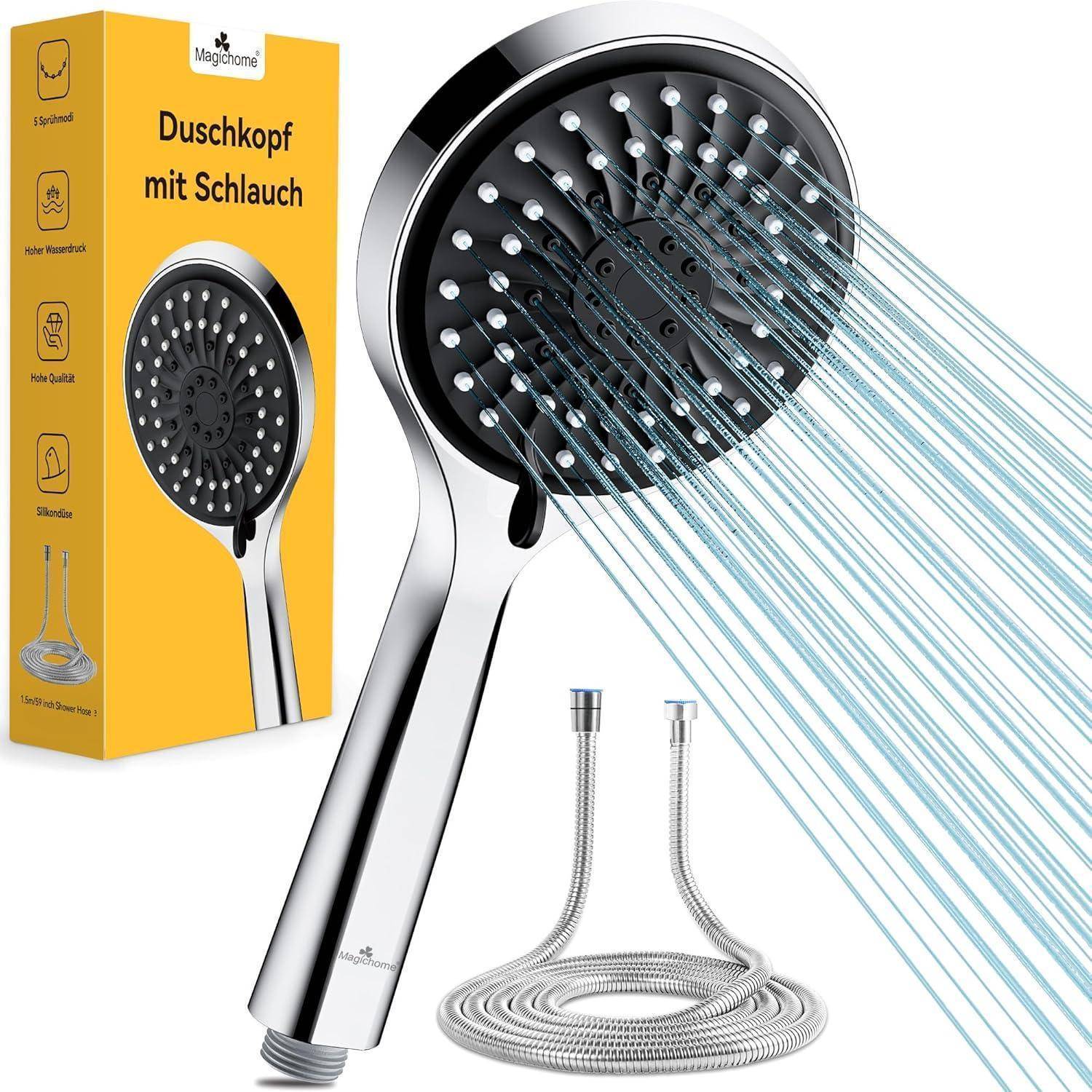 Handbrause mit verstellbaren Sprüheinstellungen, gezeigt mit einem flexiblen Schlauch. Verpackung zeigt das Produkt in Anwendung.