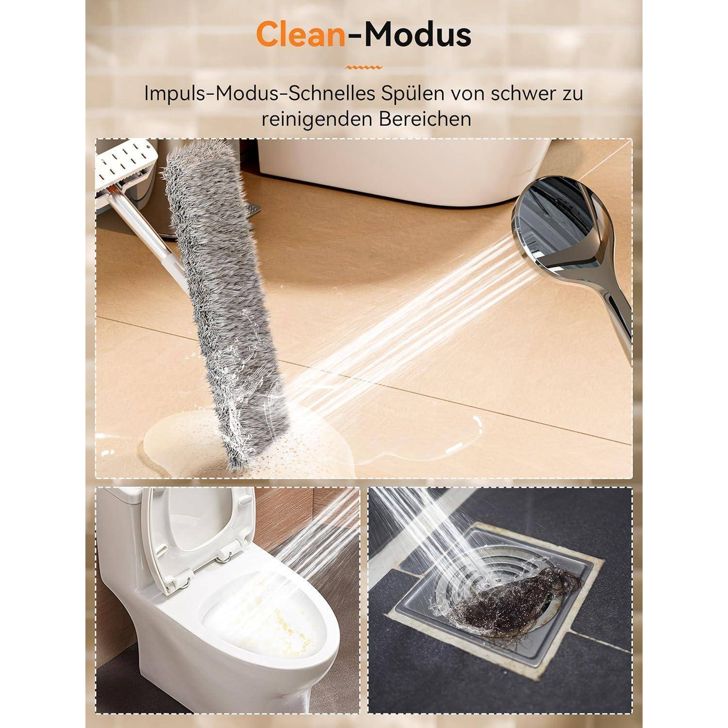 Leistungsstarker Reinigungsmodus: Präsentiert eine Handbrause in Aktion, die ihre Fähigkeit demonstriert, hartnäckige Bereiche wie Toiletten und Abflüsse zu reinigen.
