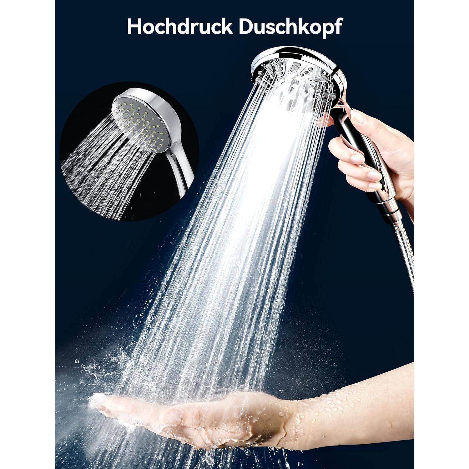 Eine Handbrause spritzt Wasser in eine Hand. Der Text darüber liest sich 