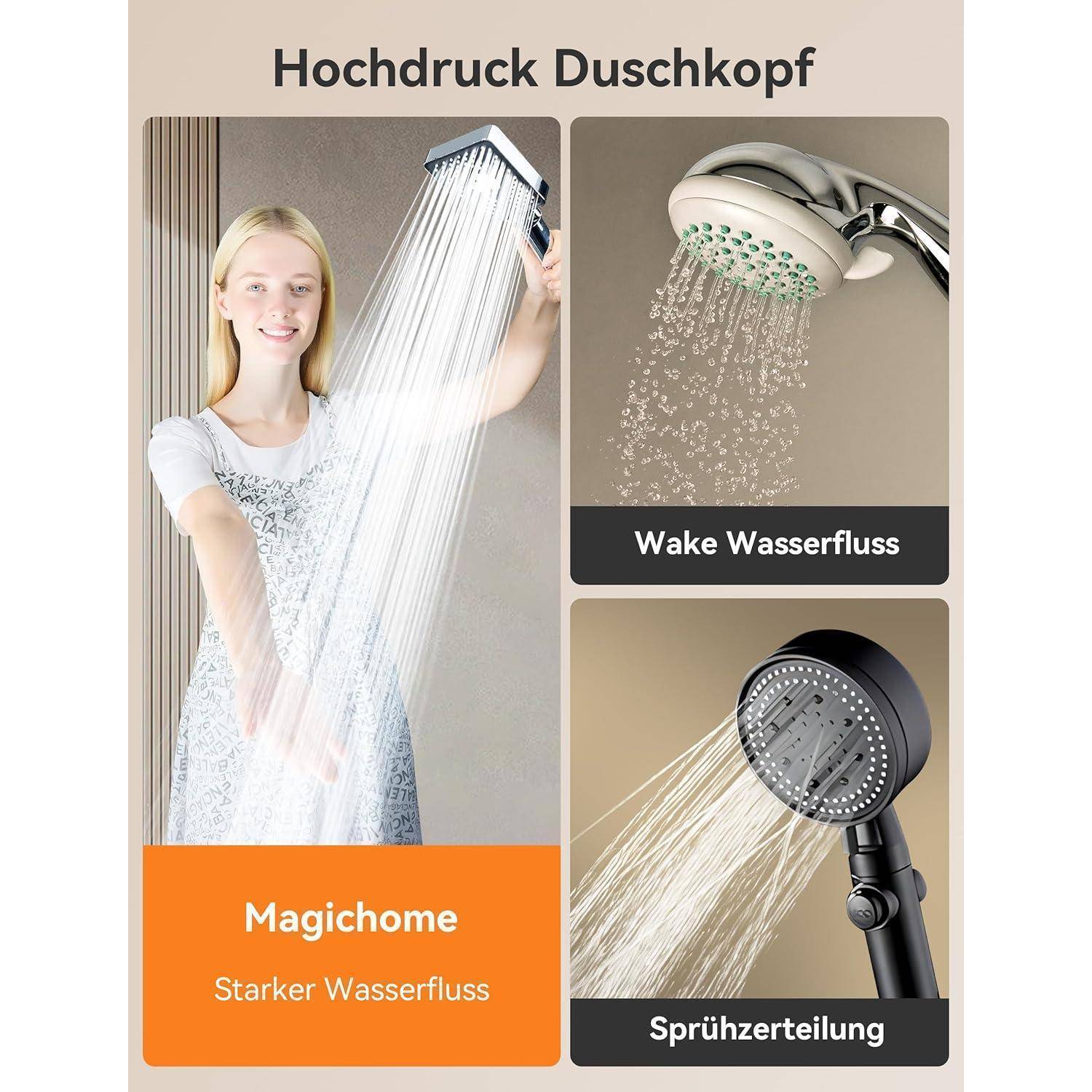 Hochdruck-Duschkopf' mit drei Bildern, die verschiedene Wasserflussmodi illustrieren: stark, wecken und Nebel. Text lautet 'Magichome Starker Wasserfluss.