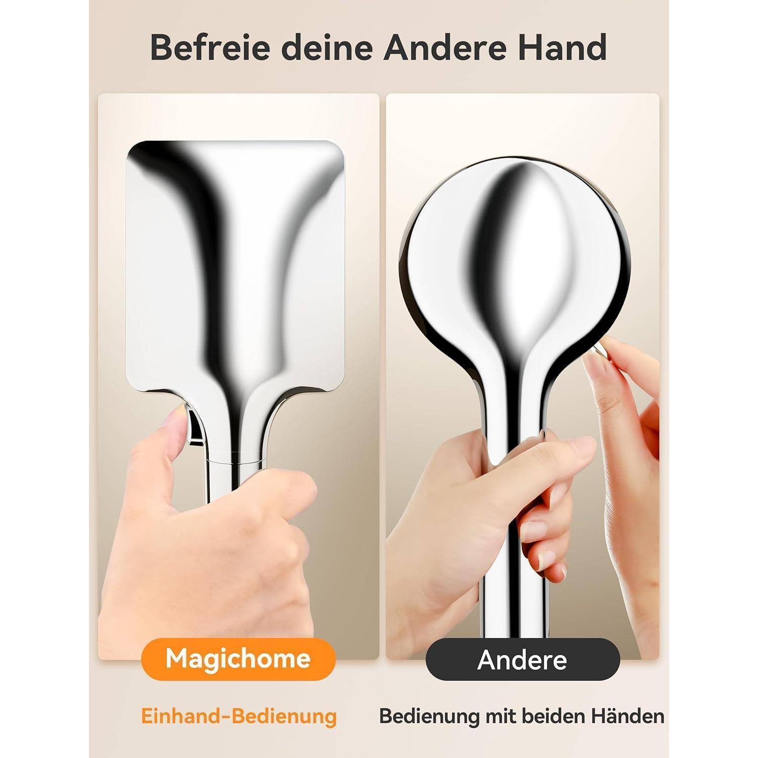 Zwei Bilder vergleichen die Ein- und Zweihändige Verwendung von Reinigungswerkzeugen. Das linke Werkzeug unterstützt die Nutzung mit einer Hand und verfügt über einen rechteckigen Kopf, während das rechte Werkzeug beide Hände erfordert und einen runden Kopf besitzt.