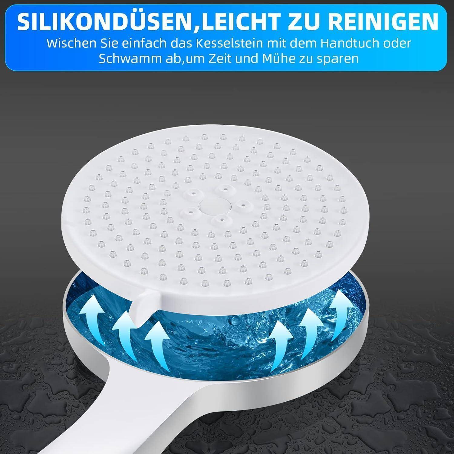 Ein Duschkopf mit Silikonendüsen ist zu sehen. Pfeile veranschaulichen die einfache Reinigung durch Abwischen von Kalkablagerungen mit einem Handtuch oder Schwamm.