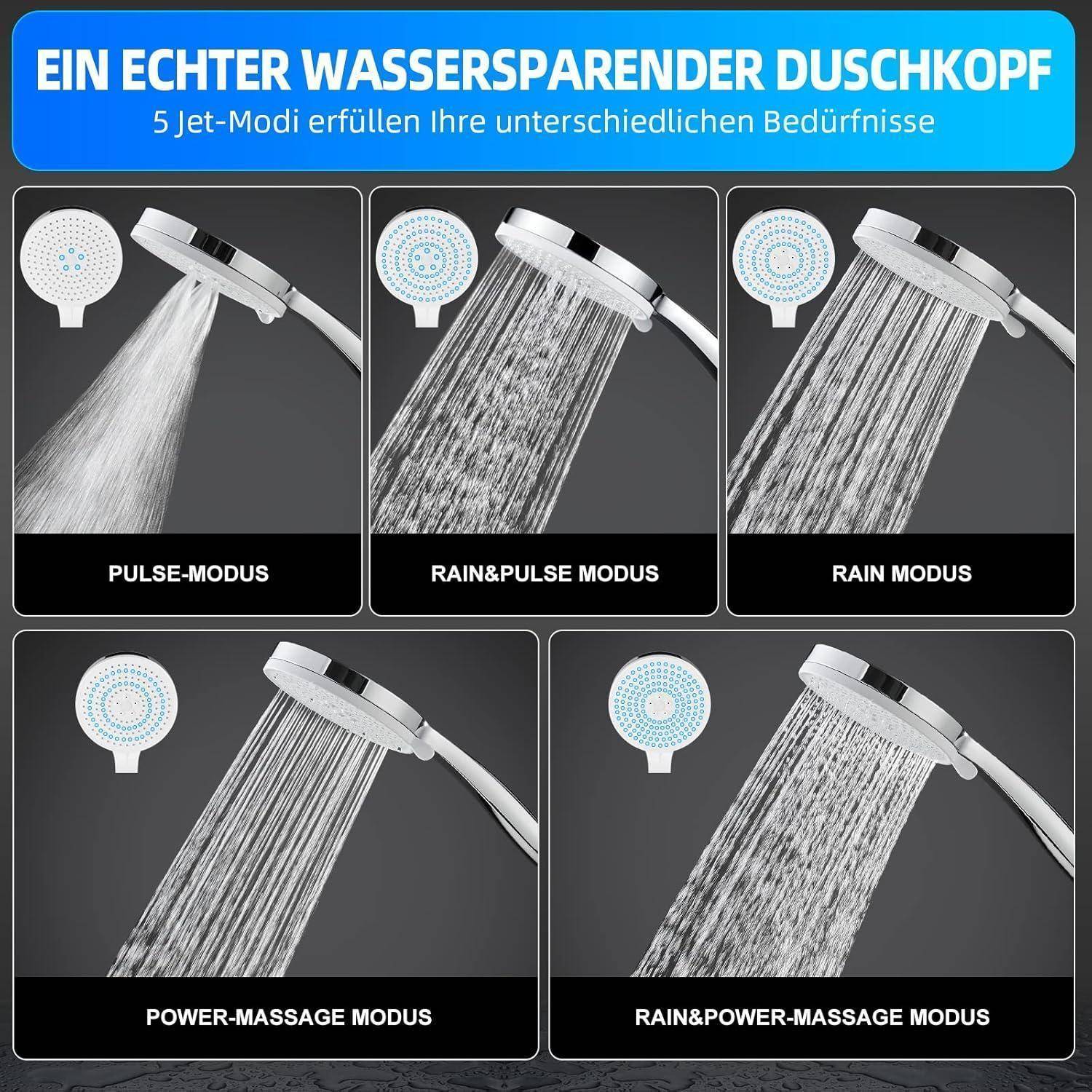 Duschkopf mit fünf Sprühmodi: Puls, Regen/Puls, Regen, Power-Massage und Regen/Power-Massage.