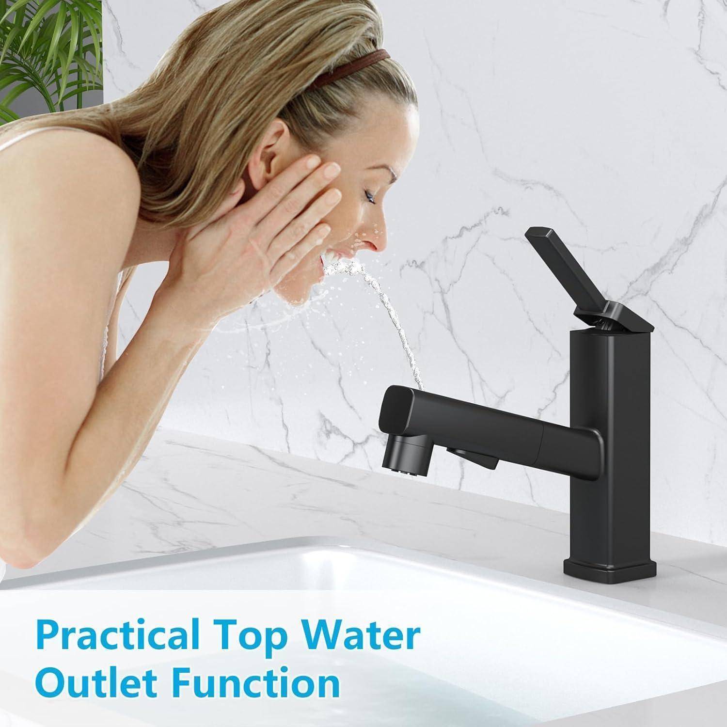 Eine Person spritzt Wasser aus einem modernen schwarzen Wasserhahn ins Gesicht. Text lautet: 'Praktische Top-Wasserauslassfunktion'.