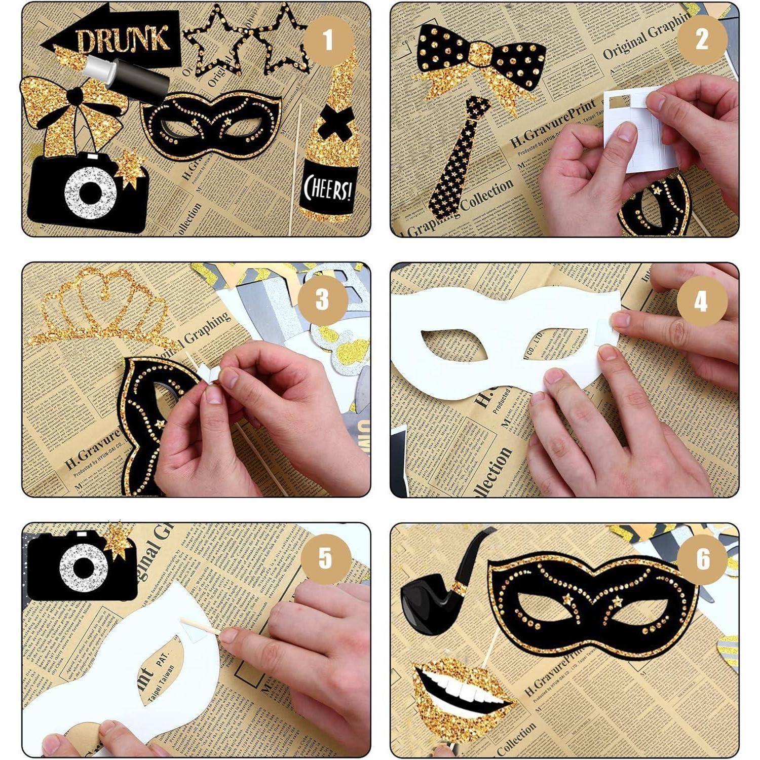 Eine Reihe von sechs Bildern, die die Schritte zum Erstellen einer Maskenball-Maske mit Materialien wie Glitzer, Papier und Schnur auf einem Zeitungshintergrund zeigen.
