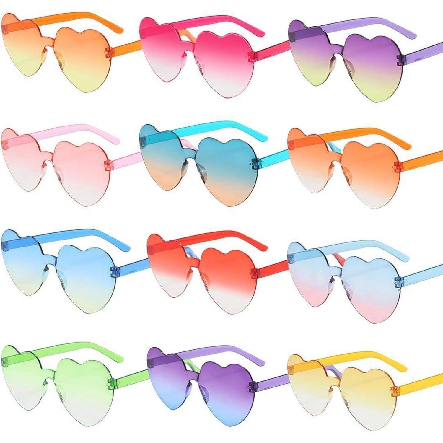 Herzförmige Sonnenbrillen in verschiedenen Farben, darunter rosa, orange, blaue und grüne Gläser, in drei Reihen angeordnet.