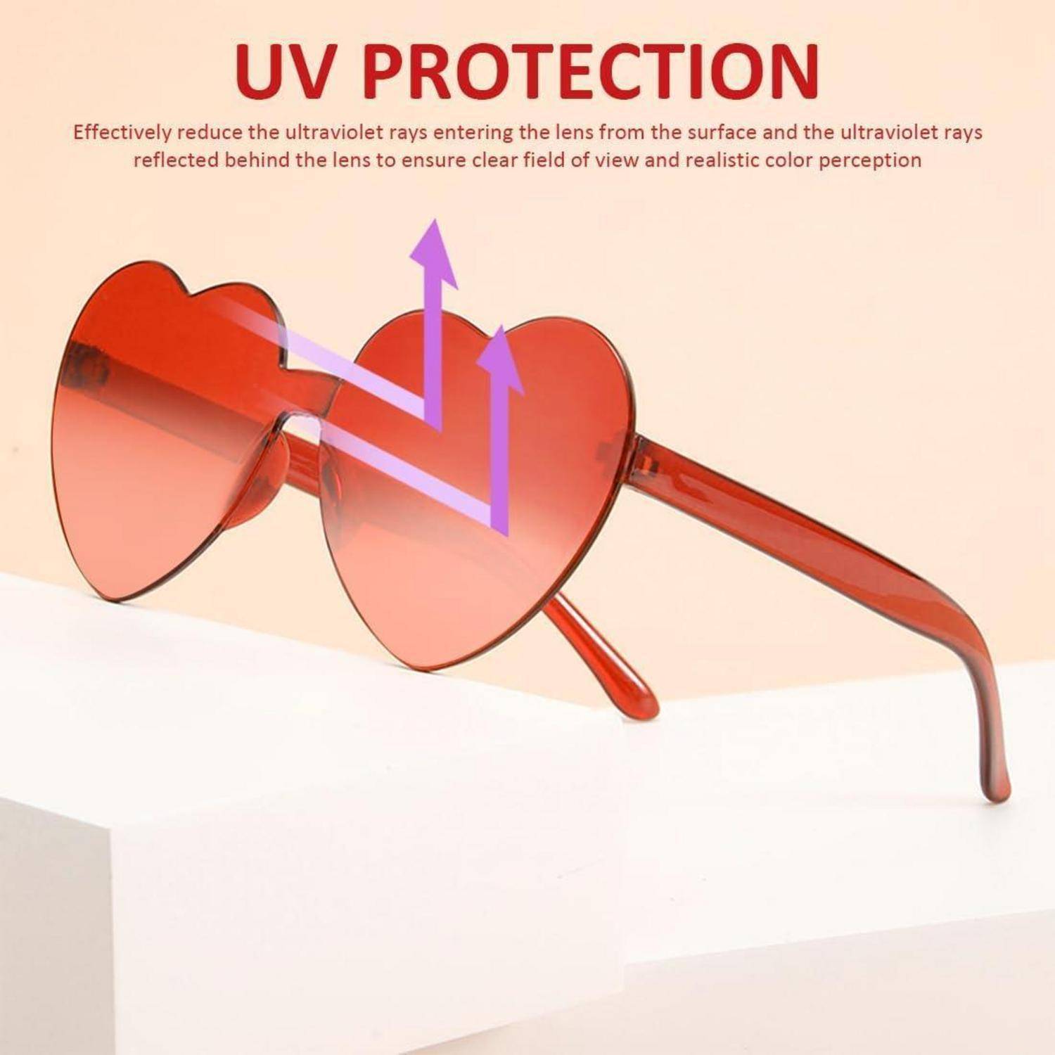 Herzförmige rote Sonnenbrille mit UV-Schutz, Pfeile zur Anzeige der Lichtablenkung, auf weißem Hintergrund mit dem Text 'UV-SCHUTZ'.