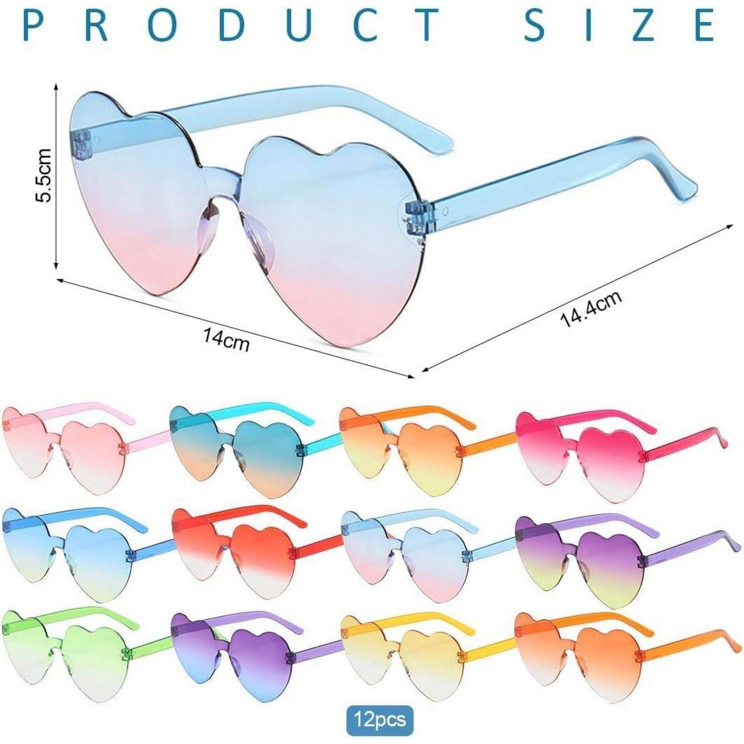 Das Bild zeigt 12 Paare herzförmiger Sonnenbrille in verschiedenen Farben, mit einer Größe von 14 cm Breite und 5,5 cm Höhe und abgewinkelten Bügeln.