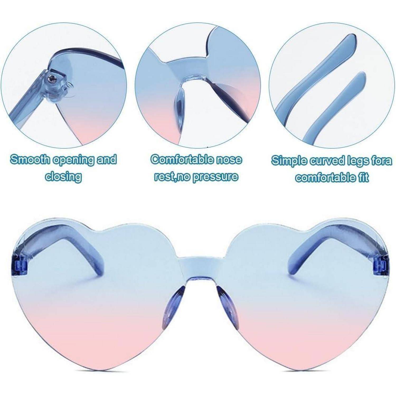 Herzförmige Sonnenbrille mit blau-rosa Verlaufsgläsern, ausgestattet mit einer komfortablen Nasenablage und geschwungenen Bügeln für einen sicheren Sitz.