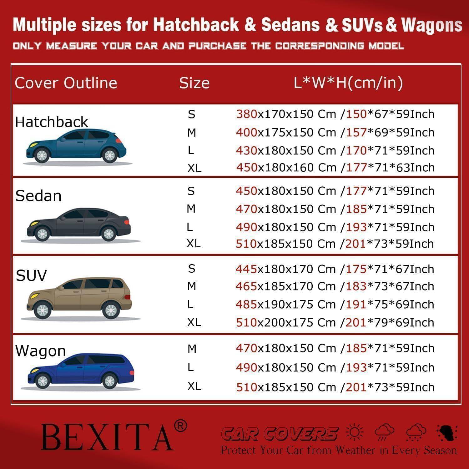Autogröße-Übersicht für Bezüge: Hatchback, Limousine, SUV, Kombi mit Größen S bis XL. Inkludiert Abmessungen in cm/Zoll. Marke: BEXITA.