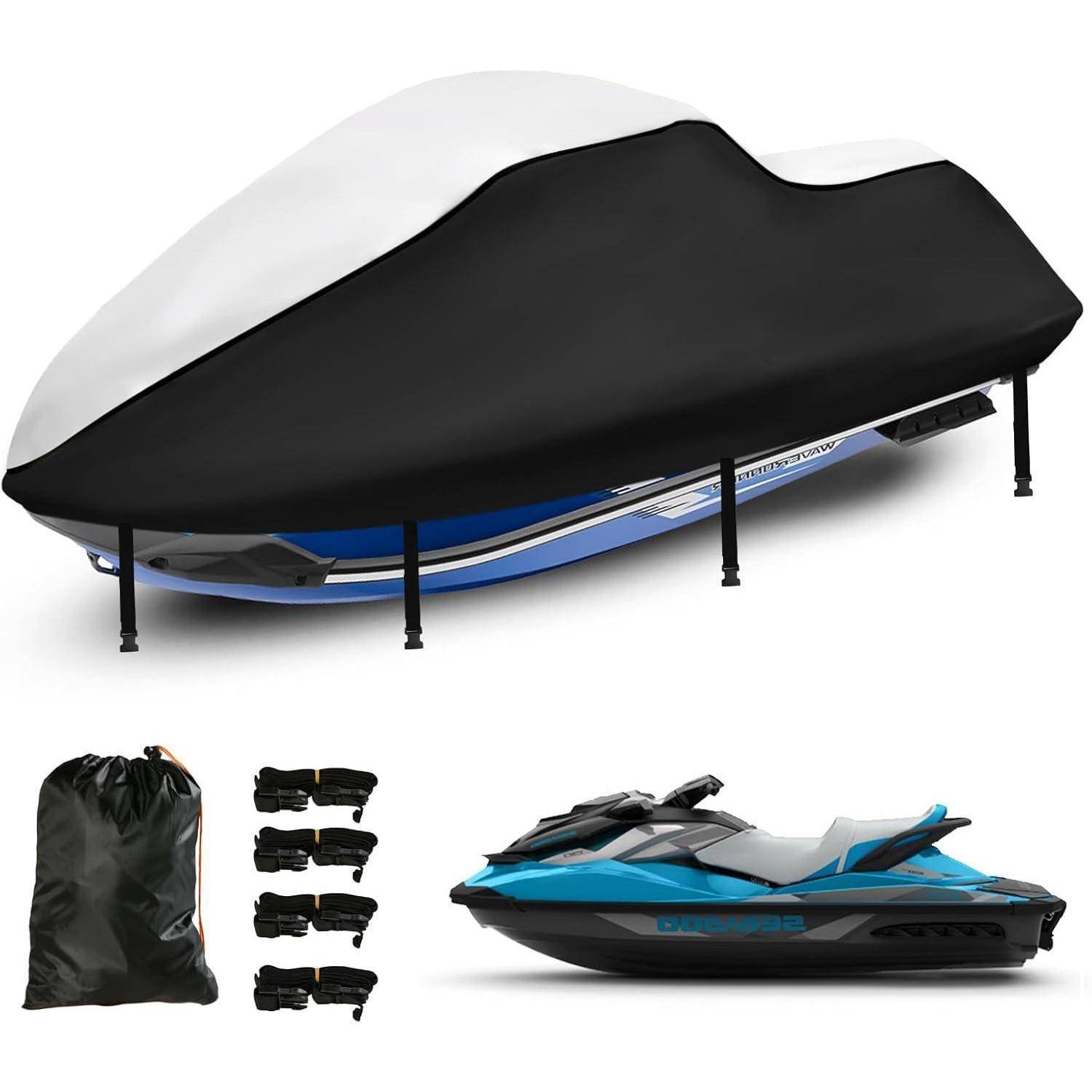 Ein blauer Jet Ski auf einem Ständer, bedeckt mit einer schwarz-weißen Schutzhülle, ist neben vier Spanngurten und einer Aufbewahrungstasche zu sehen.