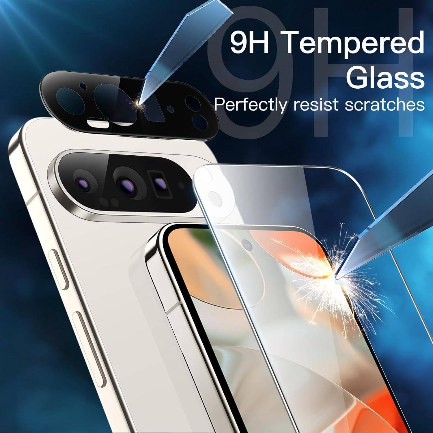 9H Gehärtetes Glas' Displayschutz wird auf ein Smartphone aufgetragen, mit Fokus auf Kratzresistenz und verbesserte Haltbarkeit.
