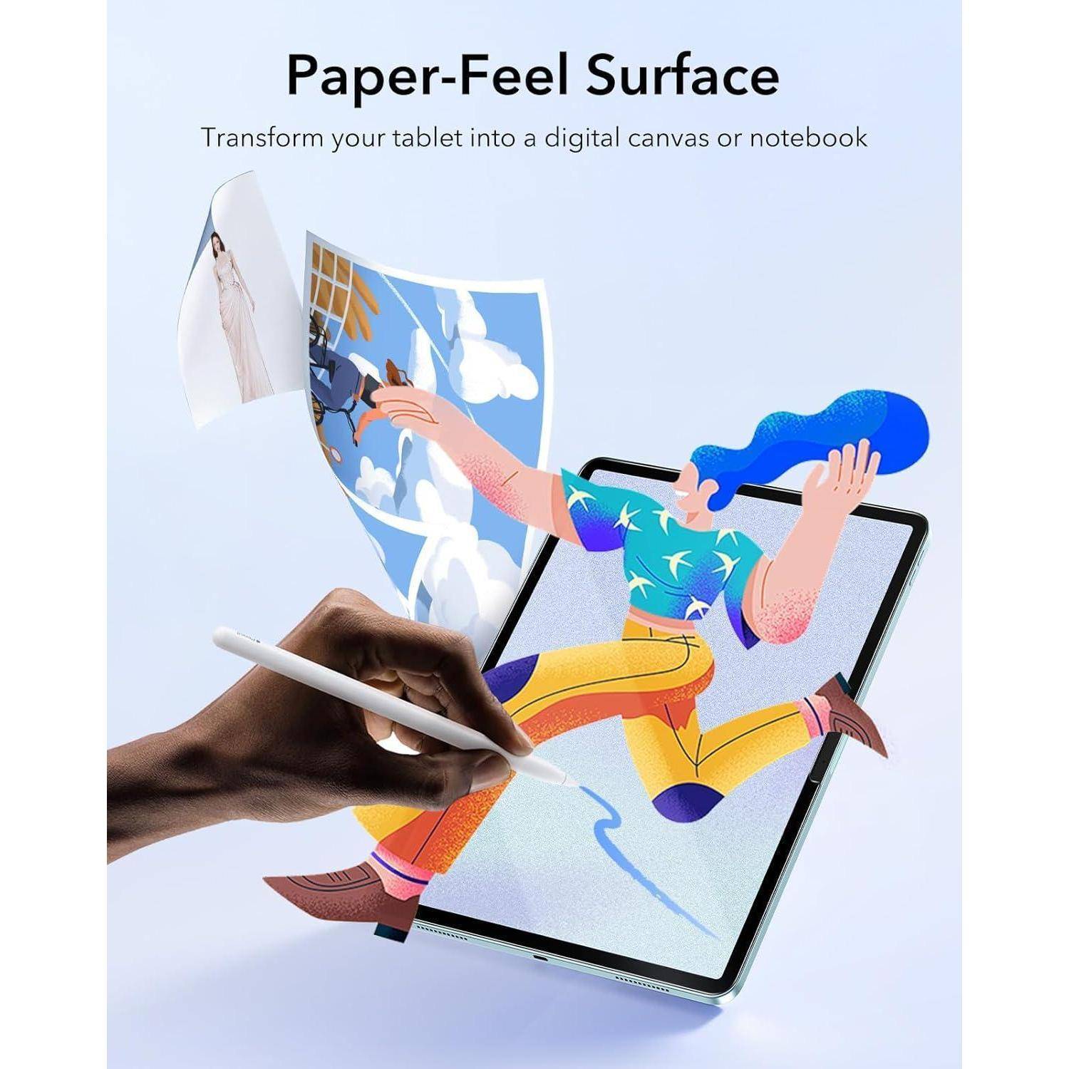 Ein illustrierter Charakter springt aus einem Tablet heraus, das mit einem Stylus-Stift bedient wird, mit dem Text „Paper-Feel Surface