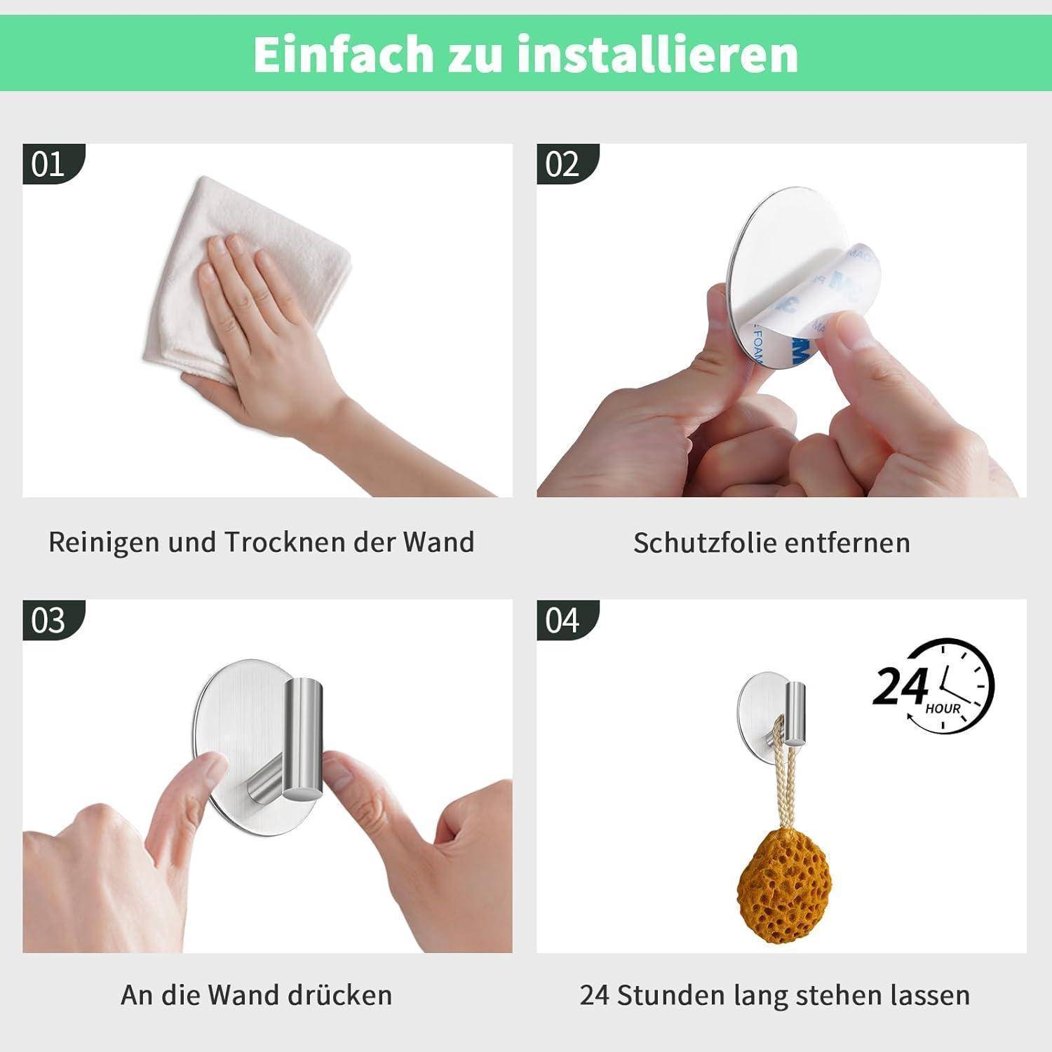 Einfach zu installierende Anleitung in 4 Schritten: 1. Wand reinigen und trocknen. 2. Schutzfolie entfernen. 3. An die Wand drücken. 4. 24 Stunden ruhen lassen.