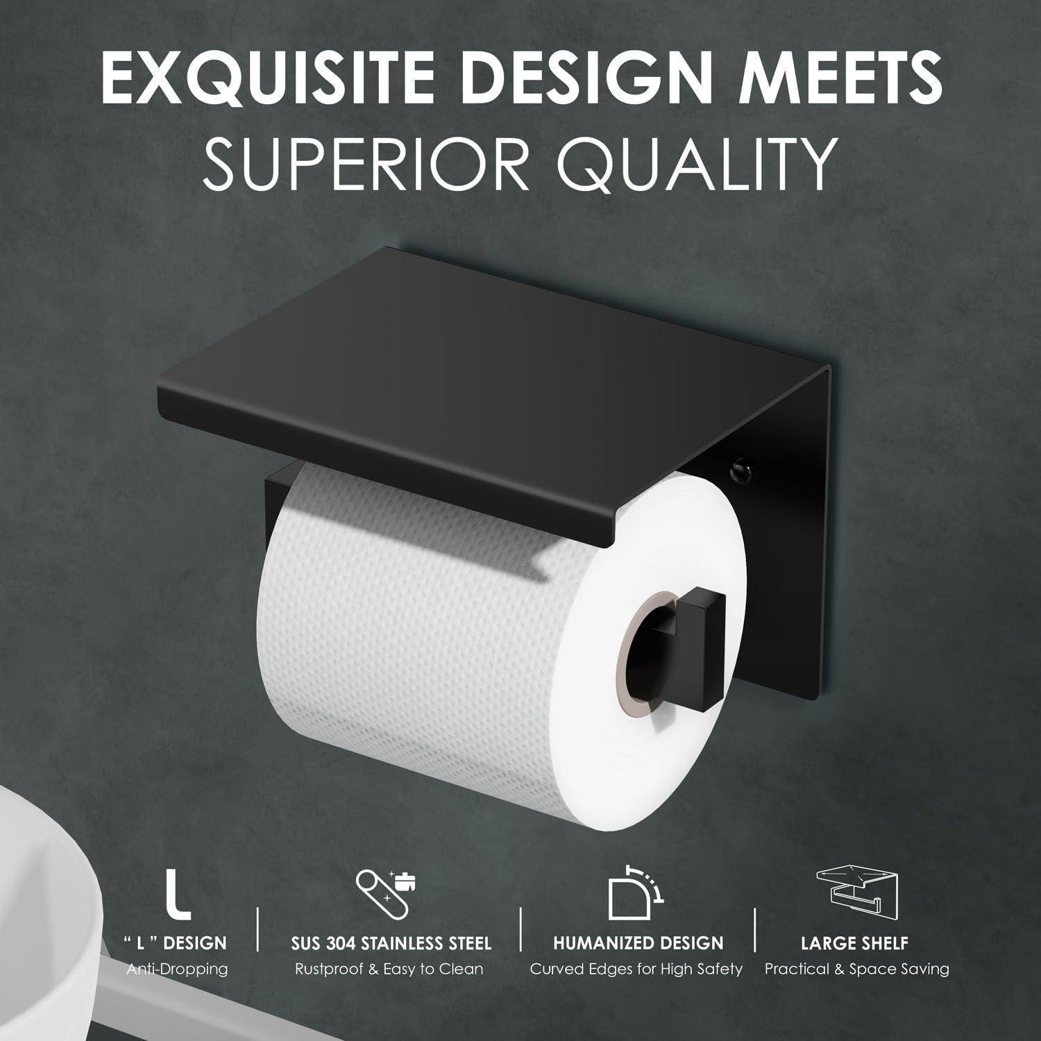 Toilettenpapierhalter mit Ablage, beschrieben als ‚Exquisites Design trifft überlegene Qualität', aus Edelstahl mit Sicherheitskanten.