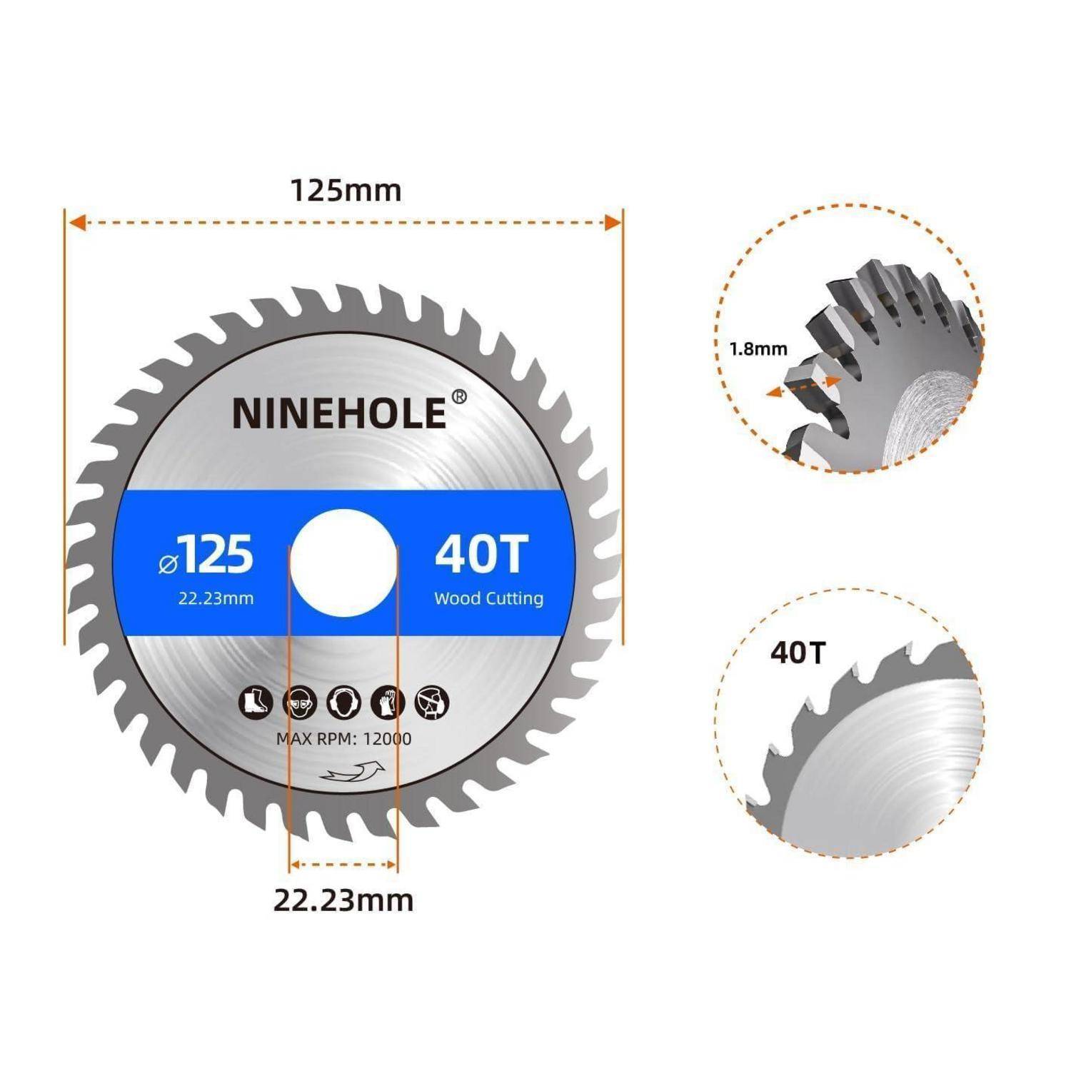 Eine Kreissägeblatt mit der Bezeichnung 'NINEHOLE®', 125 mm Durchmesser, 40 Zähne, zum Holzschneiden. Durchmesser: 22,23 mm; max. Drehzahl: 12.000; Dicke: 1,8 mm.