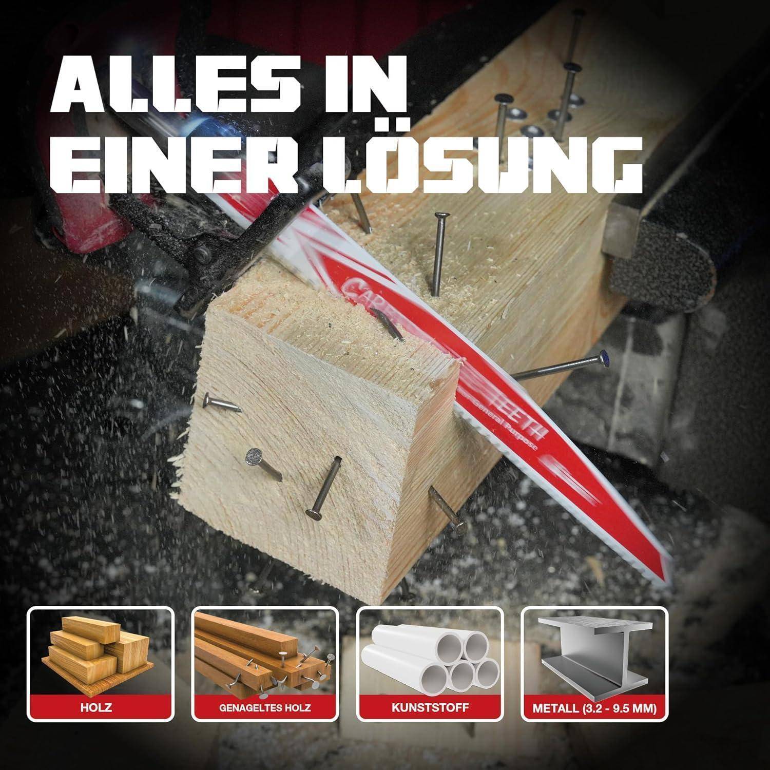 Bild zeigt eine Sägeblatt, das einen Holzblock mit Nägeln zerschneidet und damit Vielseitigkeit demonstriert. Text lautet 