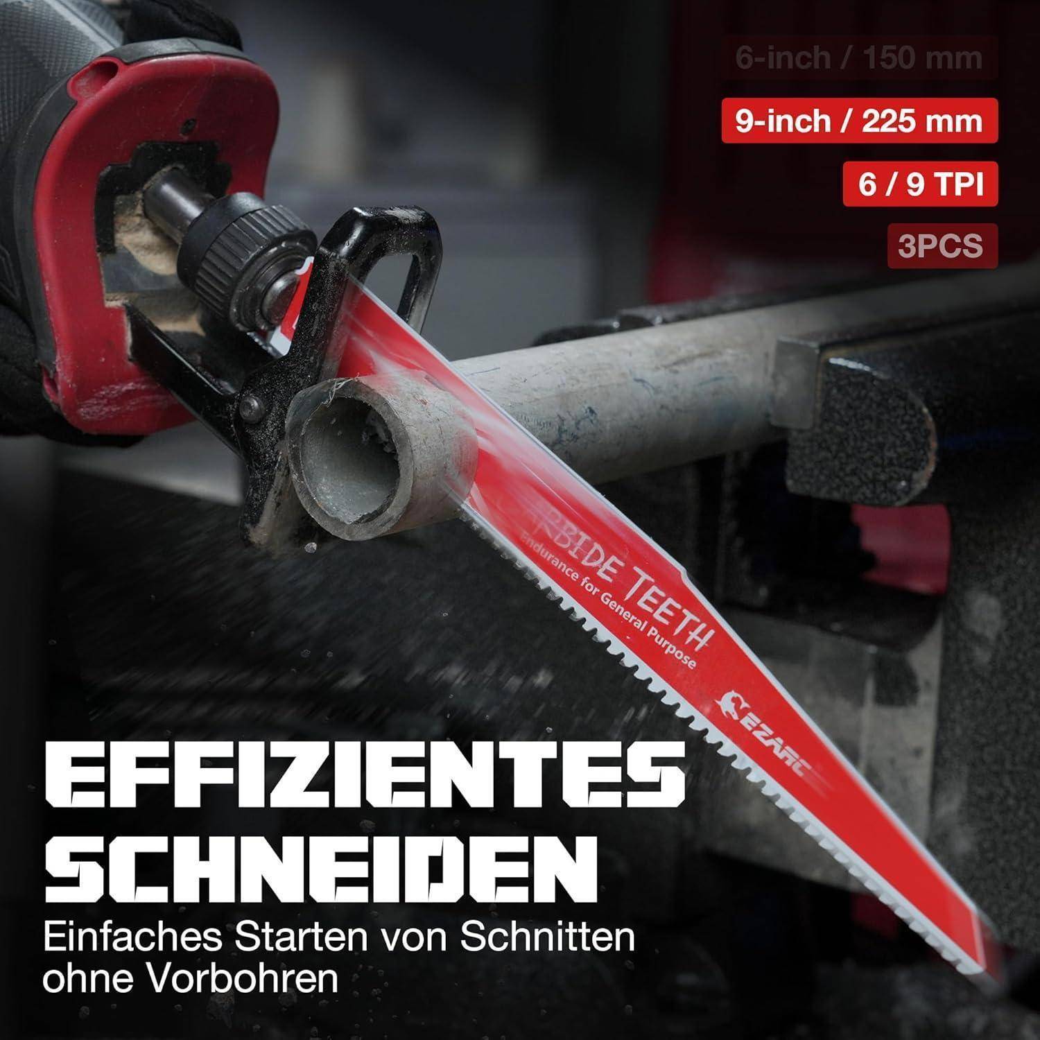 Effizientes Schneiden' Sägeblatt in Aktion, gehalten von einem Elektrowerkzeug. Textmerkmale hervorgehoben: 6/9 Zähne pro Zoll, 9 Zoll/225 mm, einfacher Start ohne Vorbohrung.