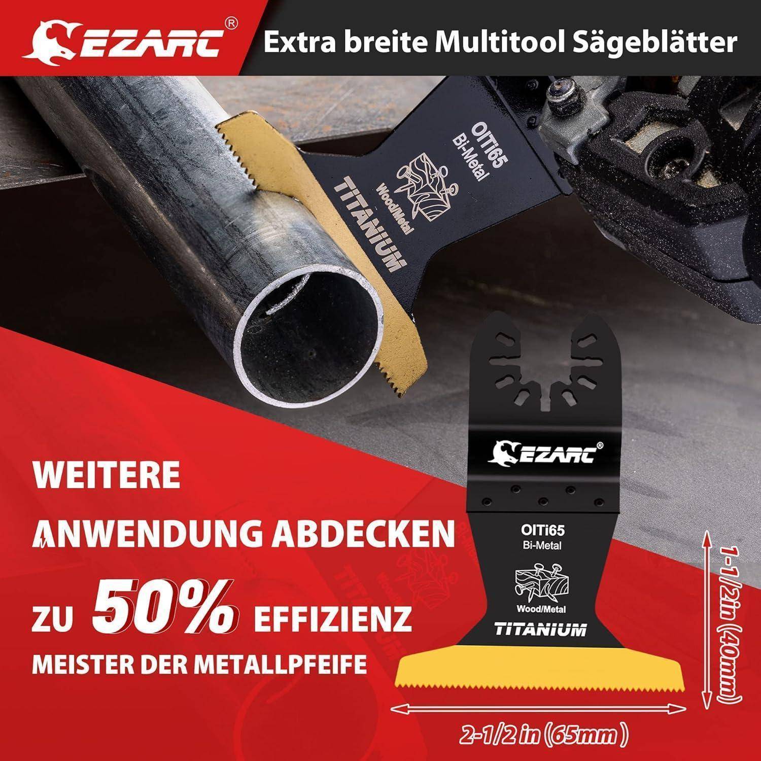 Eine breite Multitool-Sägeblatt wird beim Holzschneiden gezeigt. Deutsche Texthervorhebungen betonen die Effizienz mit „bis zu 50%