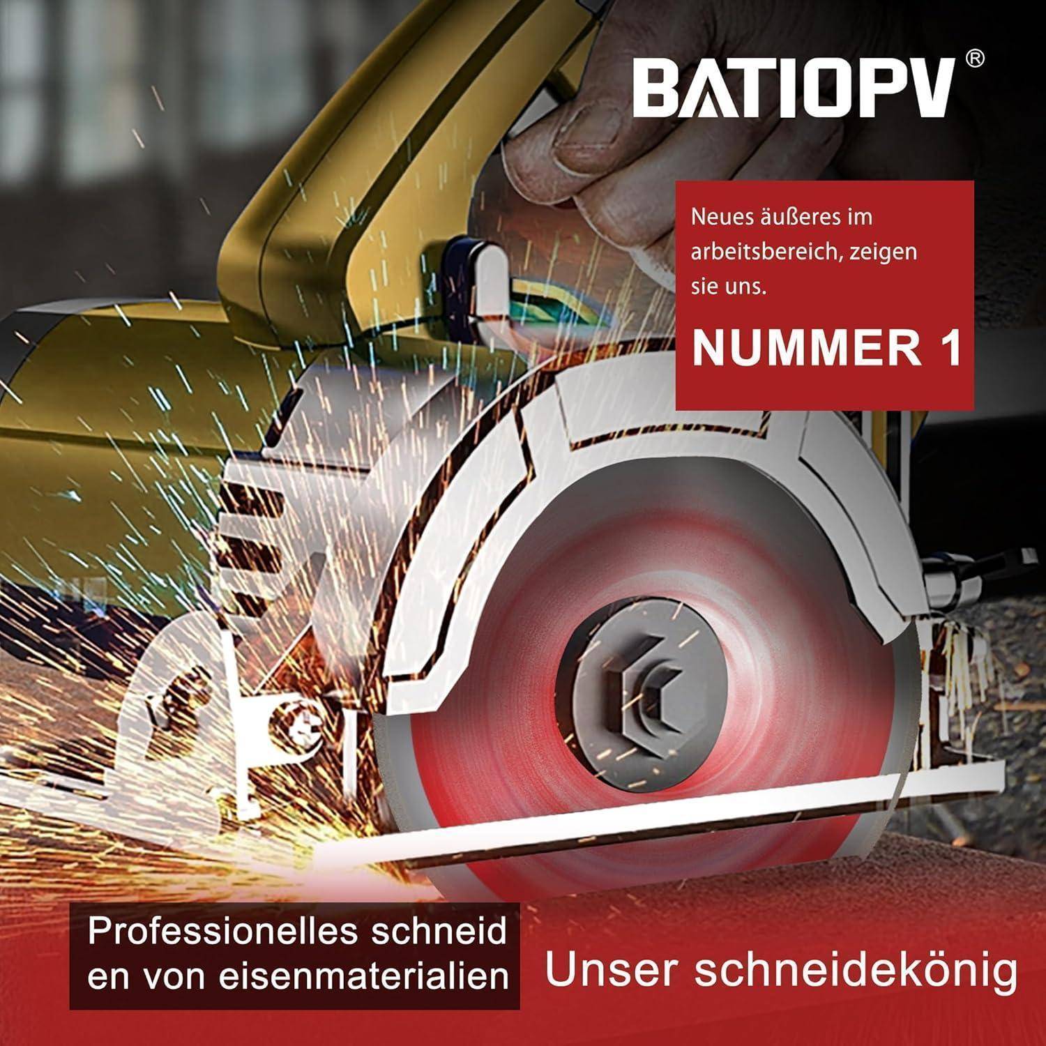 Eine Nahaufnahme einer Kreissäge, die Metall schneidet, mit umherfliegenden Funken. Text lautet: 'Professionelles Schneiden von Eisenmaterialien - Nummer 1