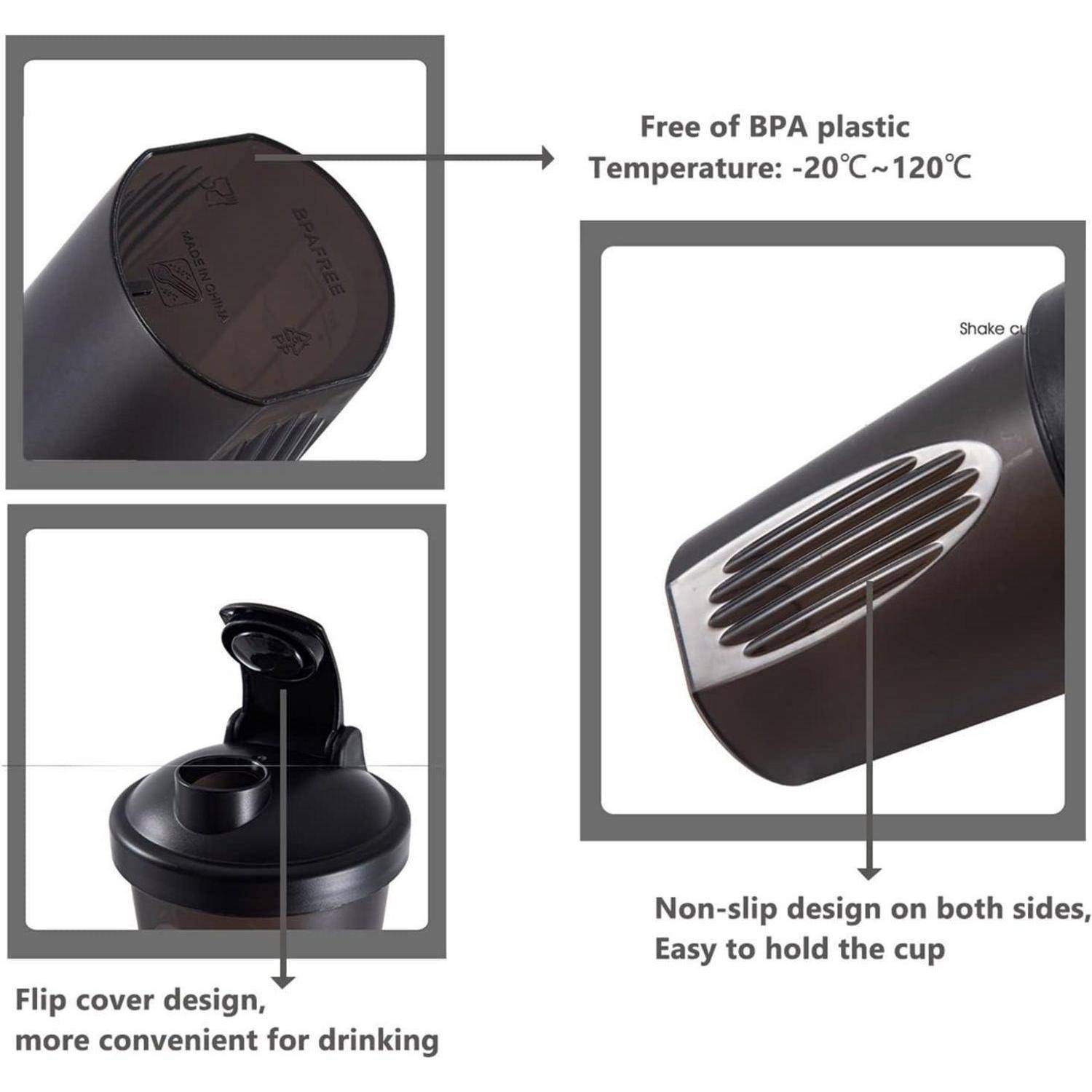 Schwarze Shaker-Flasche mit Klappdeckel und rutschfester Konstruktion. BPA-freier Kunststoff, geeignet für Temperaturen von -20°C bis 120°C.