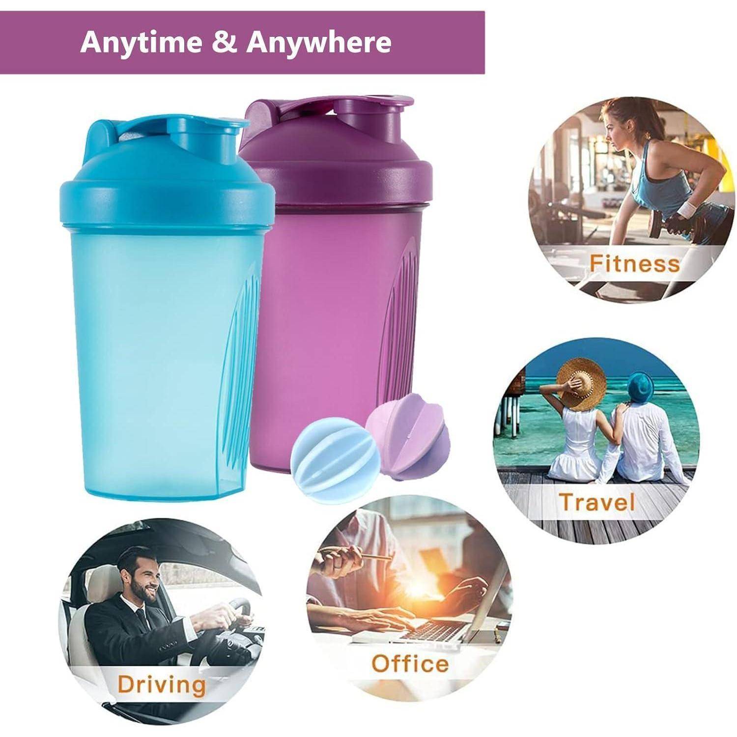 Das Bild zeigt blaue und lila Shakerflasche mit Mixkugeln, umgeben von Kreisen mit den Beschriftungen Fitness, Reisen, Büro, die verschiedene Nutzungskontexte veranschaulichen.