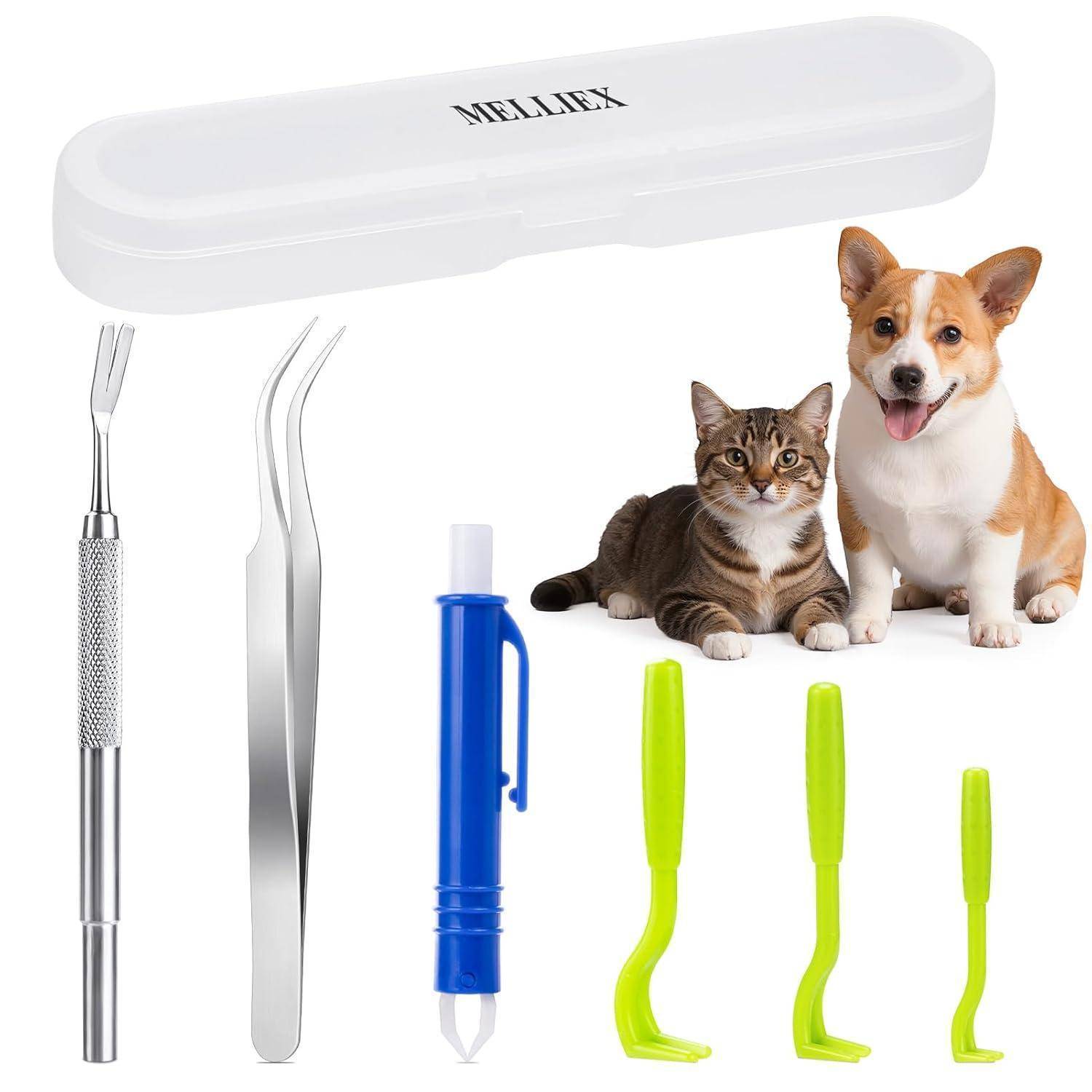 Zahnpflege-Set für Haustiere umfasst einen Zahnpick, eine Pinzette, einen Fingerzahnbürste und Plaque-Entferner, mit einem Bild einer Katze und eines Hundes neben den Werkzeugen.