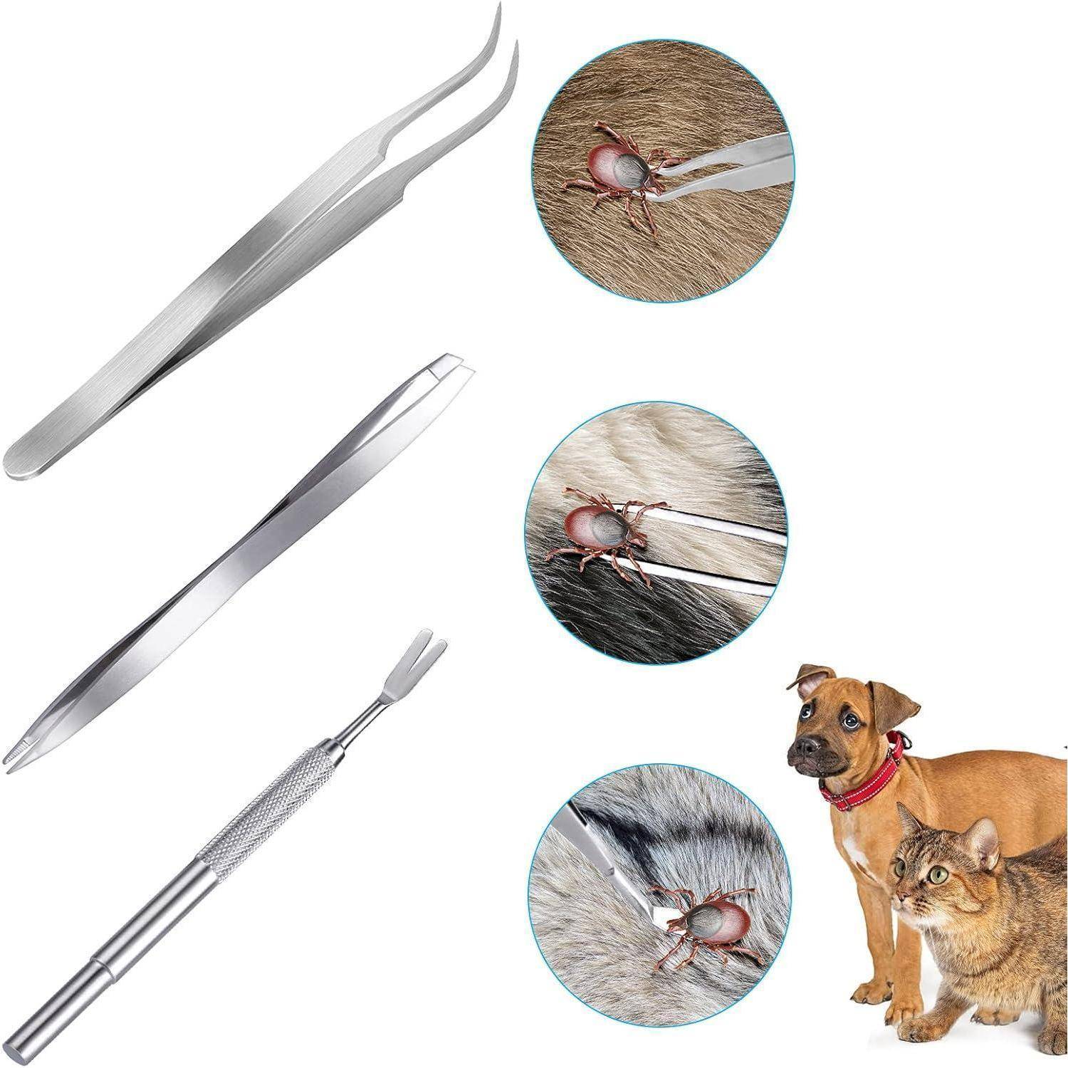 Zeckenentfernungswerkzeuge und -methoden werden mit einem Hund und einer Katze in der Nähe gezeigt, um die Bedeutung der Tiergesundheitsvorsorge gegen Zecken zu unterstreichen.