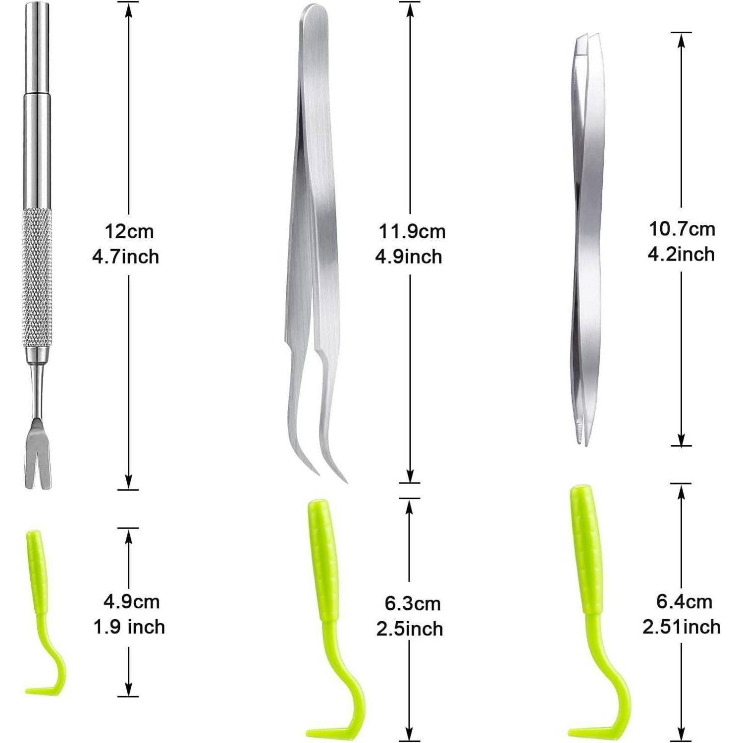 Bild mit vier Dentalprodukten und Messungen: eine 12 cm Sonde, 11,9 cm Pinzette, 10,7 cm Pinzette und verschiedene grüne Plastikbänder.