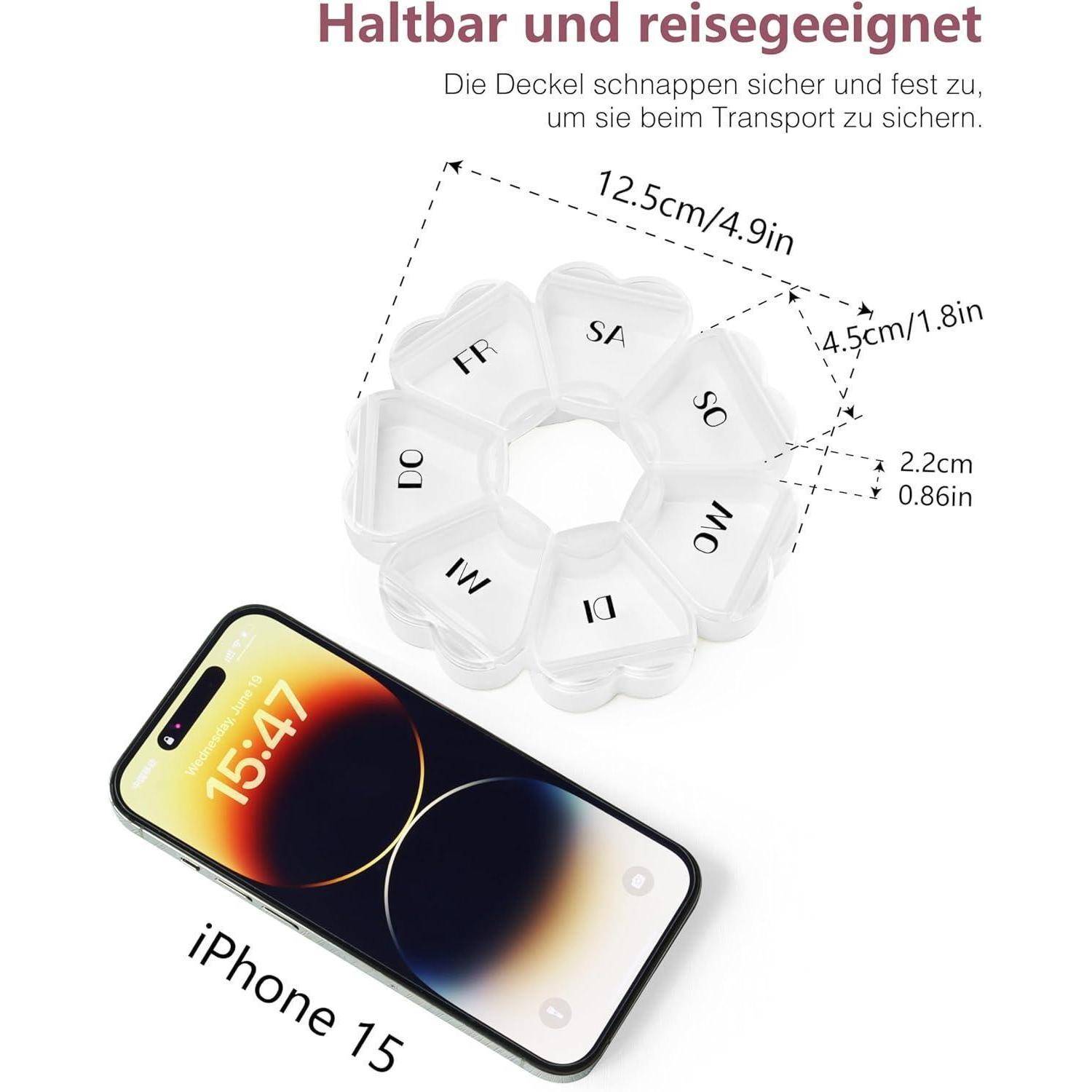Pillenbox rund herzförmig 7 Fächer Vitamin Organizer De-weiß