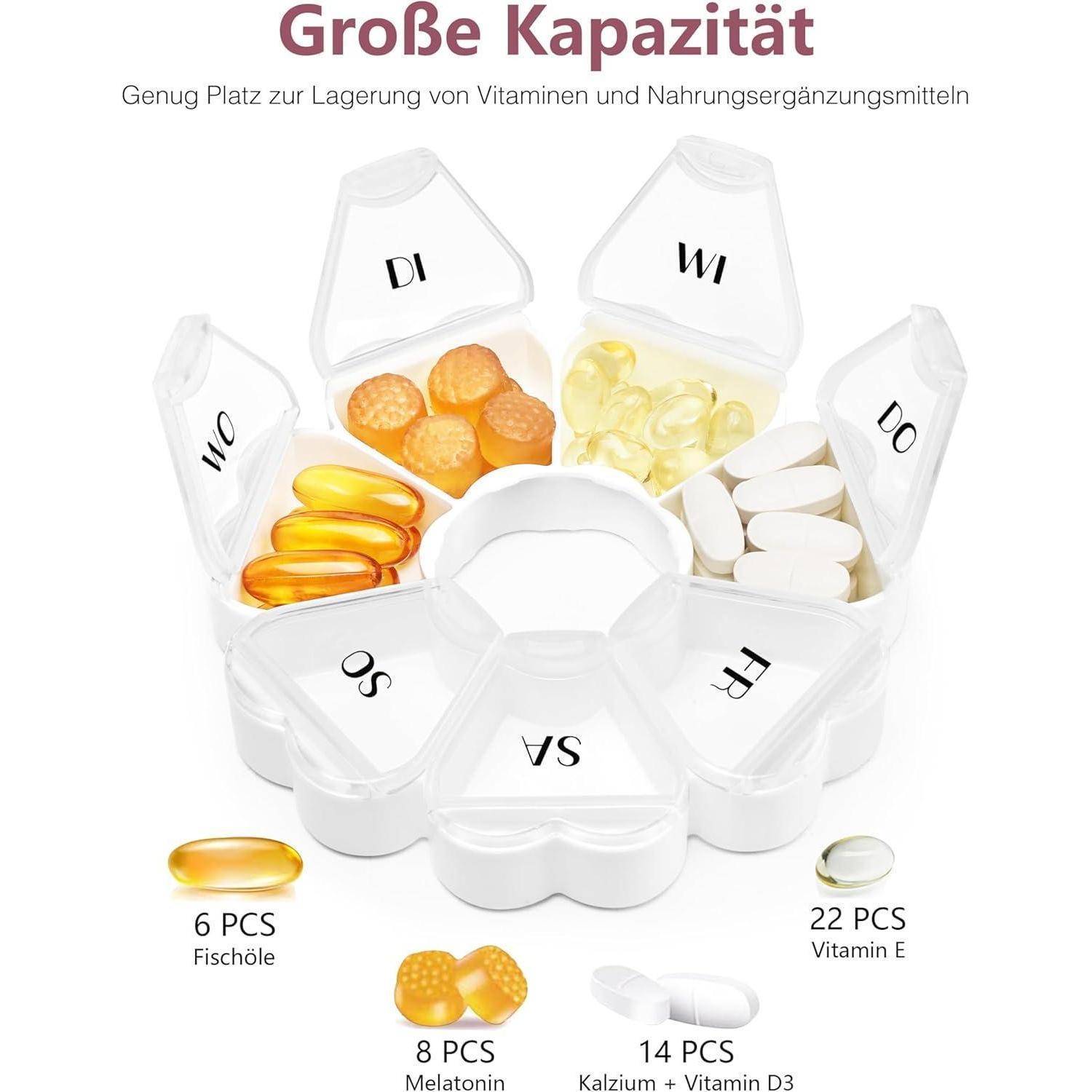 Pillenbox rund herzförmig 7 Fächer Vitamin Organizer De-weiß