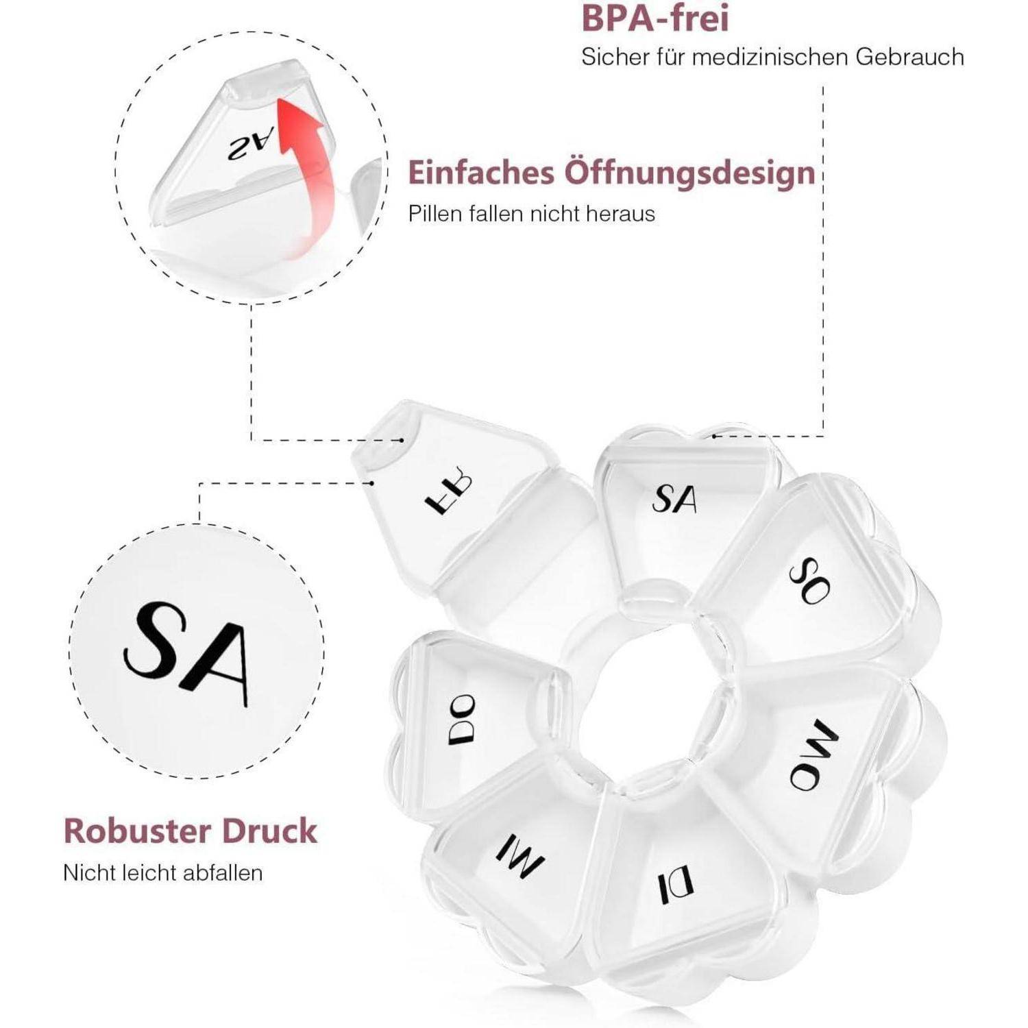 Pillenbox rund herzförmig 7 Fächer Vitamin Organizer De-weiß