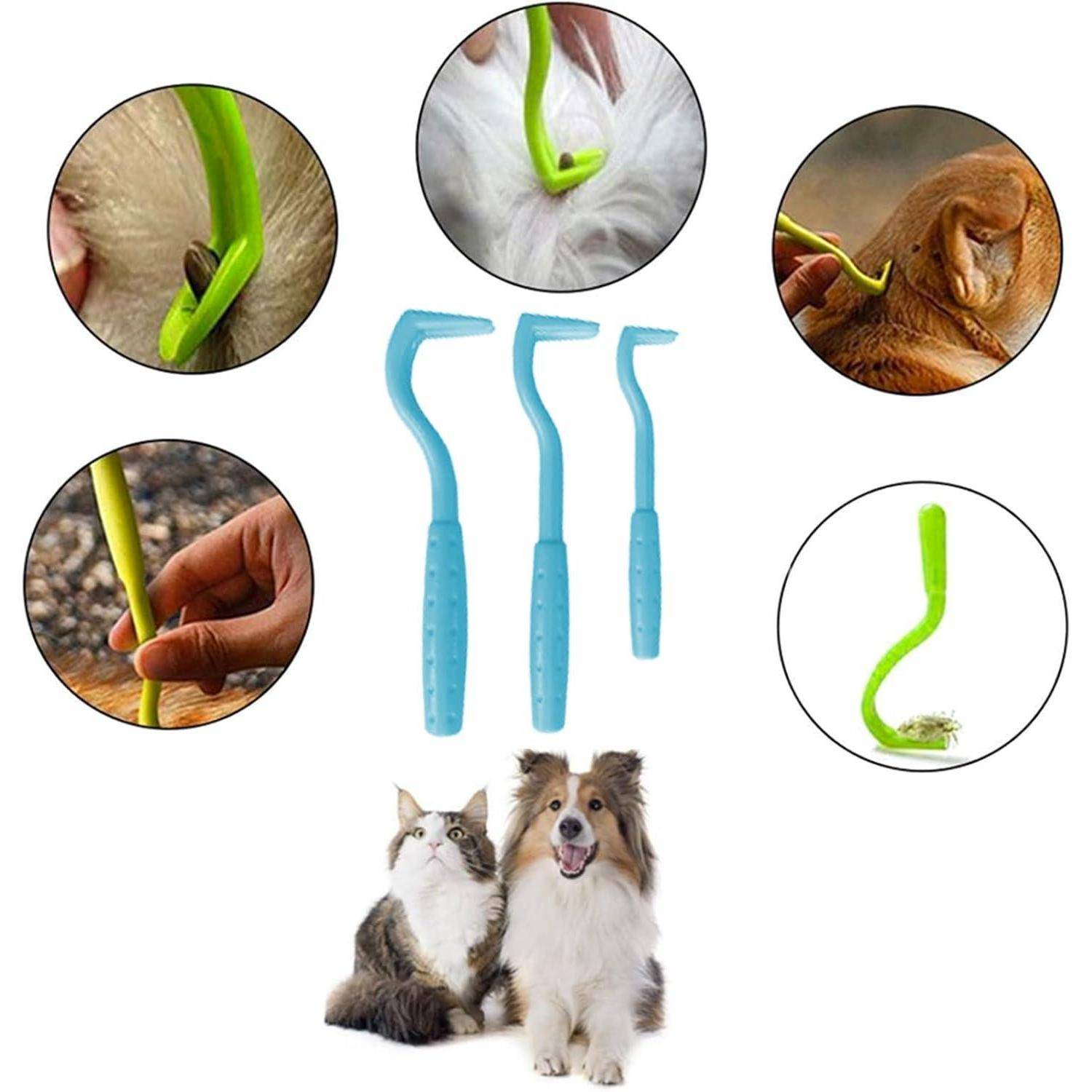 Zeckenentfernungswerkzeug-Set mit drei Größen und illustrierter Anwendung. Eine Katze und ein Hund sitzen unterhalb der Werkzeuge und zeigen die Vielseitigkeit für Haustiere.