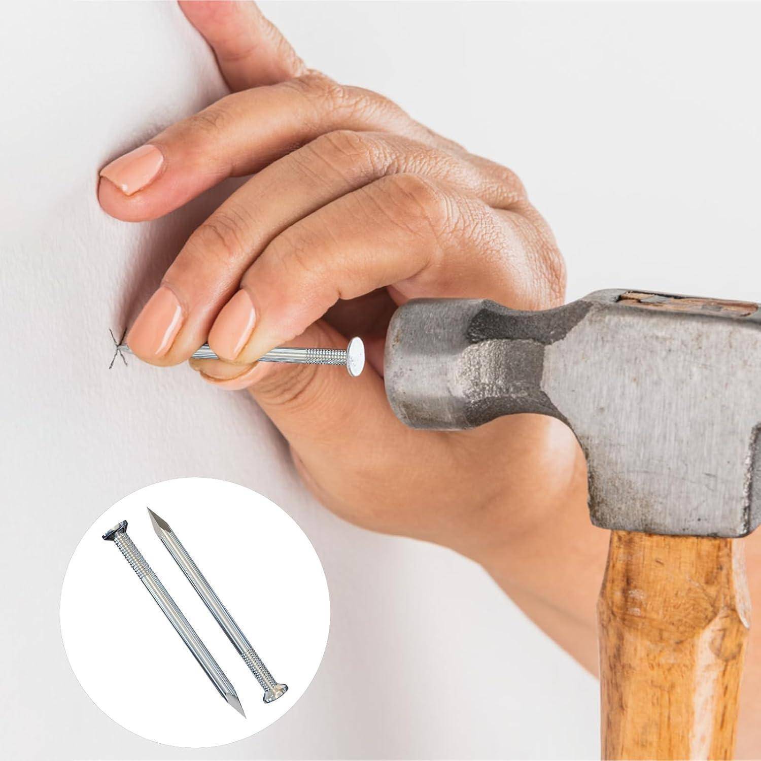 Eine Hand hält einen Nagel gegen eine Wand, während eine andere Hand ihn hineinhämmert. Eingesetzter Kreis zeigt zwei Nageltypen: einen gewöhnlichen und einen Ziernagel.