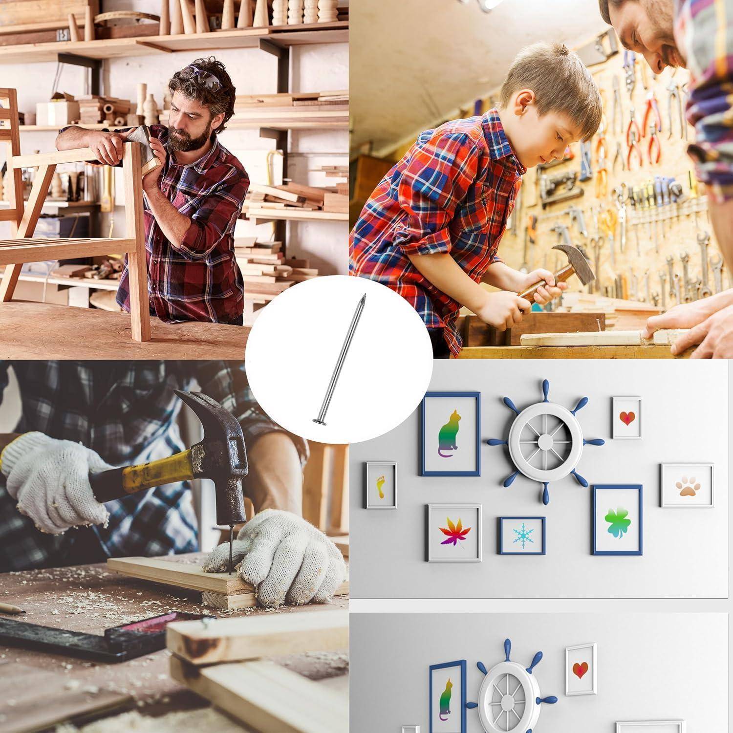 Zwei Personen arbeiten in einer Holzwerkstatt und benutzen Werkzeuge. Ein weiteres Bild zeigt einen Hammer und eine Säge. Im letzten Bild sind dekorative Wandkunstwerke und Uhren zu sehen.