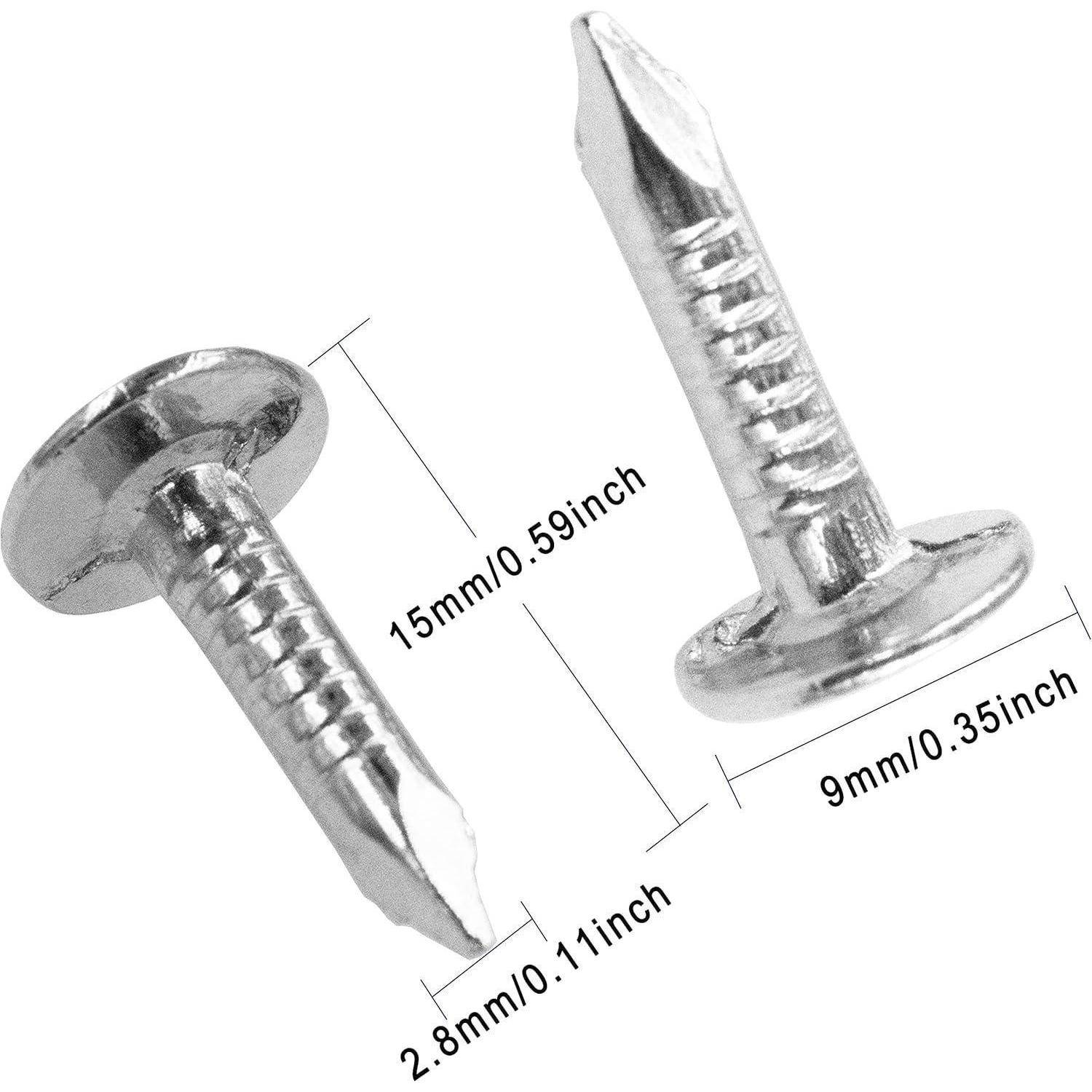 Zwei Schrauben; eine misst 15 mm x 2,8 mm, die andere 9 mm x 2,8 mm; mit Zoll-Äquivalent neben jeder, auf weißem Hintergrund.