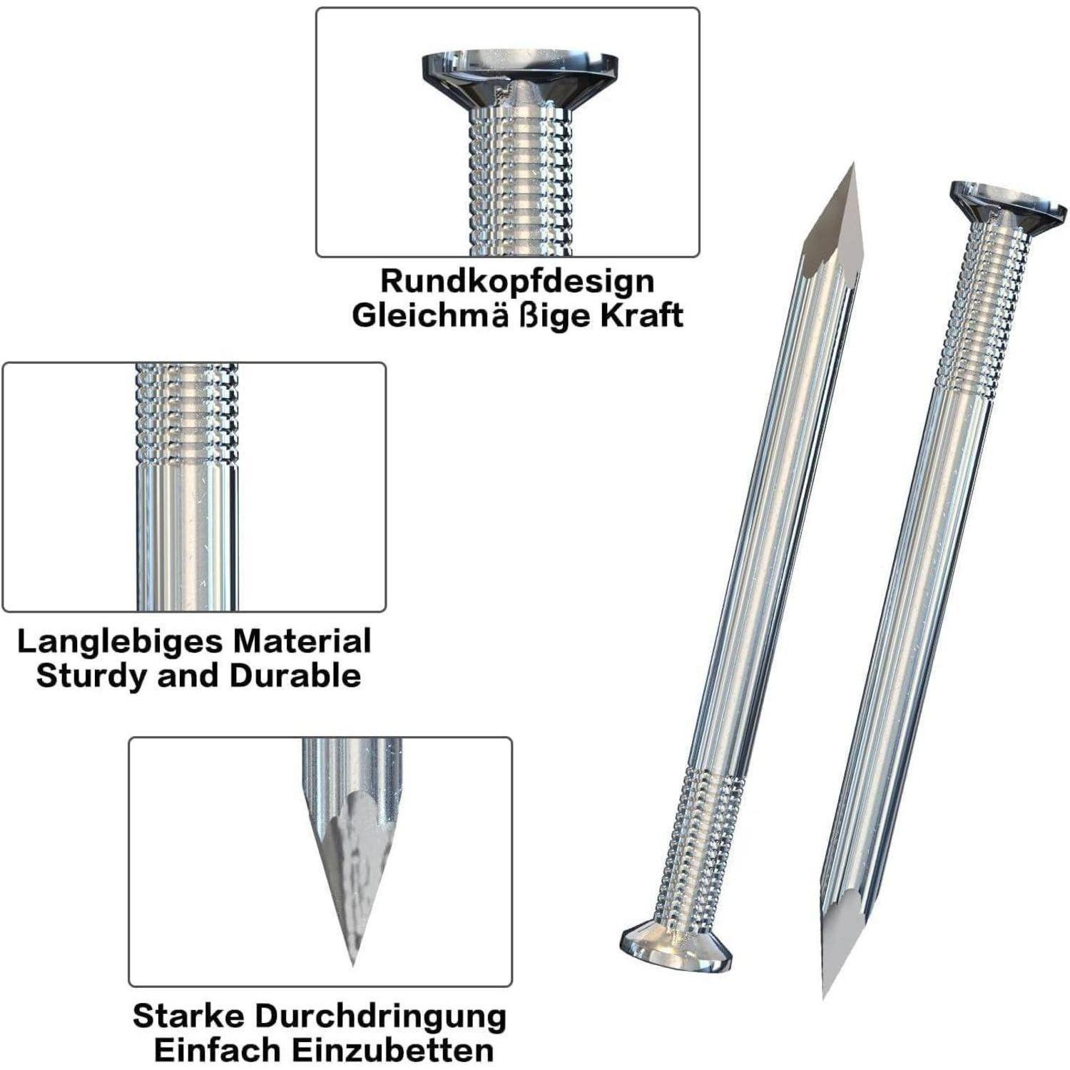 Nägel mit Rundkopfdesign; langlebig und robust; leicht einzutreiben mit starker Durchdringung.