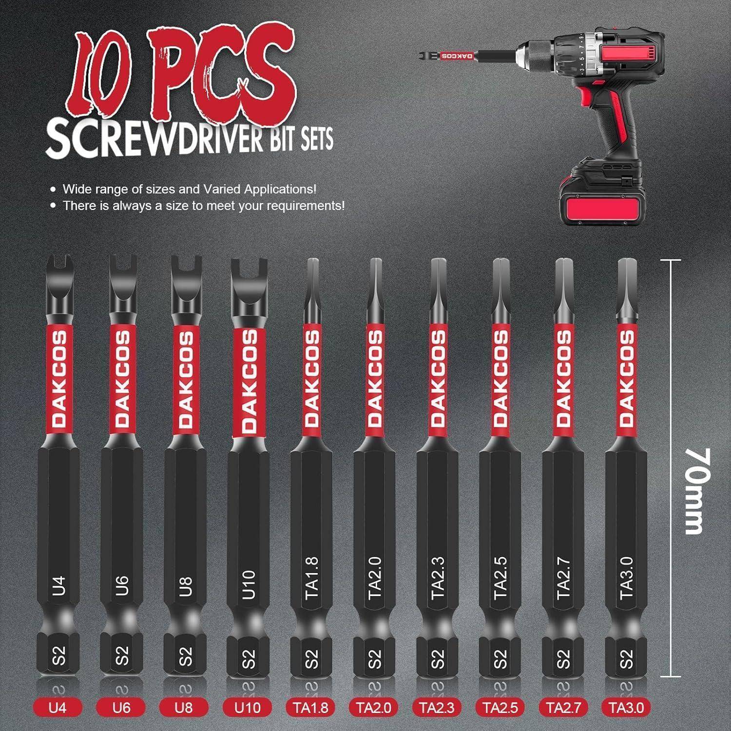 10-teiliges Schrauberbit-Set, präsentiert mit einem kabellosen Akkuschrauber und zehn gekennzeichneten Schrauberbits, in den Größen von U4 bis S2, 70 mm lang.