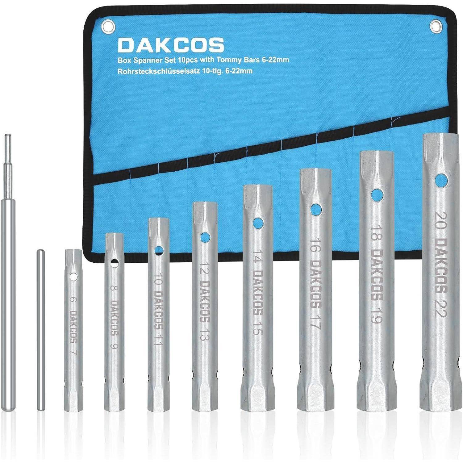 DAKCOS Steckschlüssel-Set' umfasst verschiedene Größen von 6-22mm mit einer Aufbewahrungstasche. Geeignet zum Festziehen und Lösen von Muttern.
