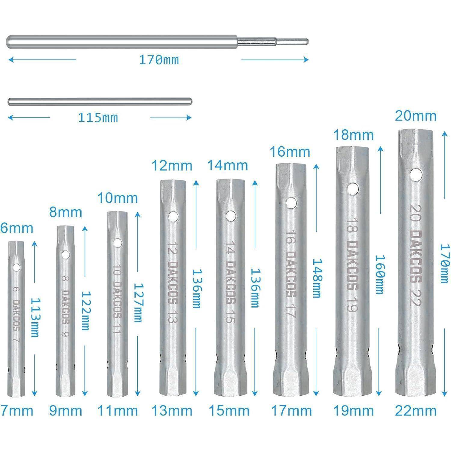 Sechskant-Steckschlüssel-Set, vertikal und horizontal dargestellt, mit Größen von 6 mm bis 20 mm und Gesamtlängen von 113 mm bis 170 mm.
