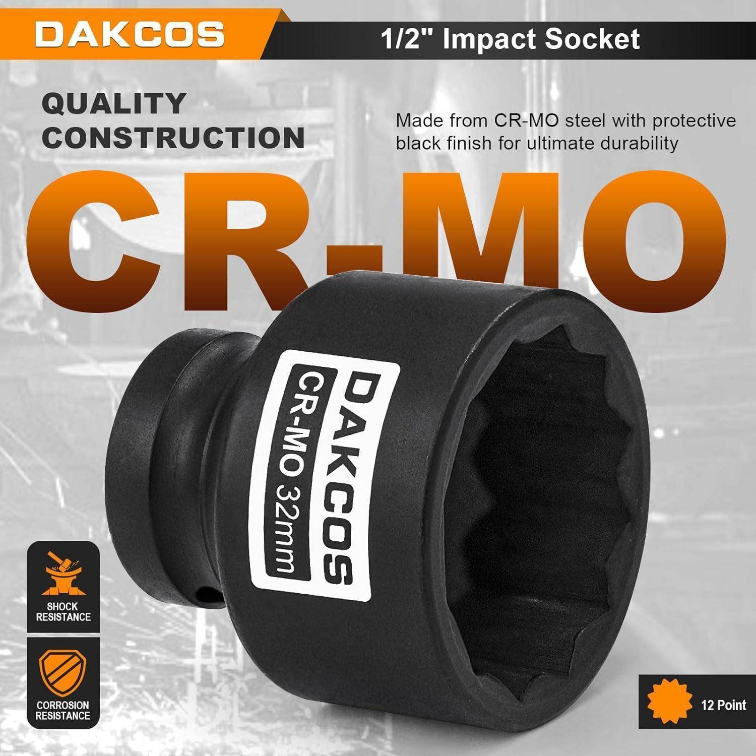 Dakcos CR-MO 32mm Schlagschrauber-Stecknuss; hochwertige Konstruktion aus CR-MO-Stahl mit einer schützenden schwarzen Beschichtung für Langlebigkeit und Korrosionsbeständigkeit.